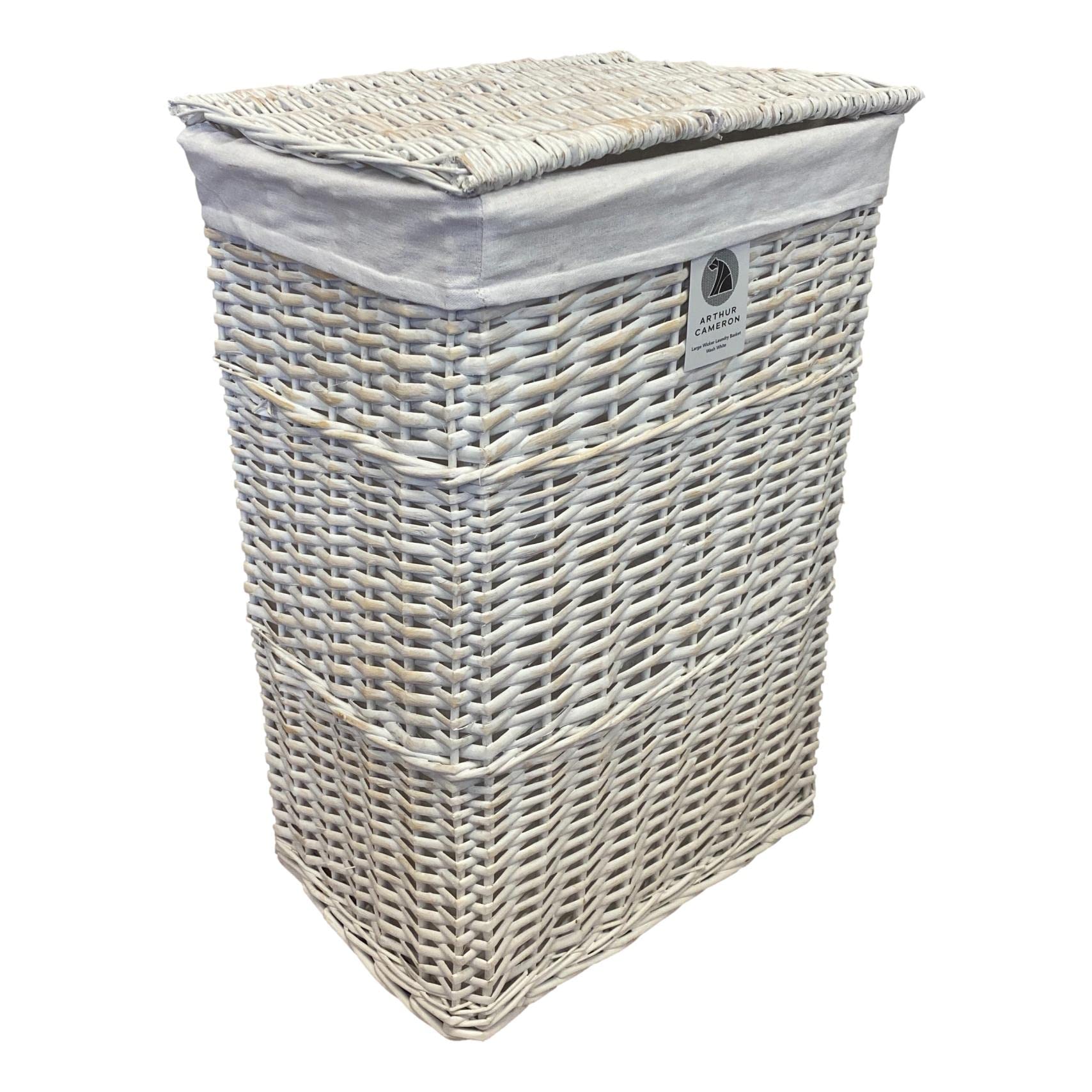 Arthur Cameron - Rectangular Wicker Laundry Basket with Lid & Removable Washable Cotton Lining - Laundry Hamper, Laundry Bin, Washing Basket with Lid (Medium, White Wash)