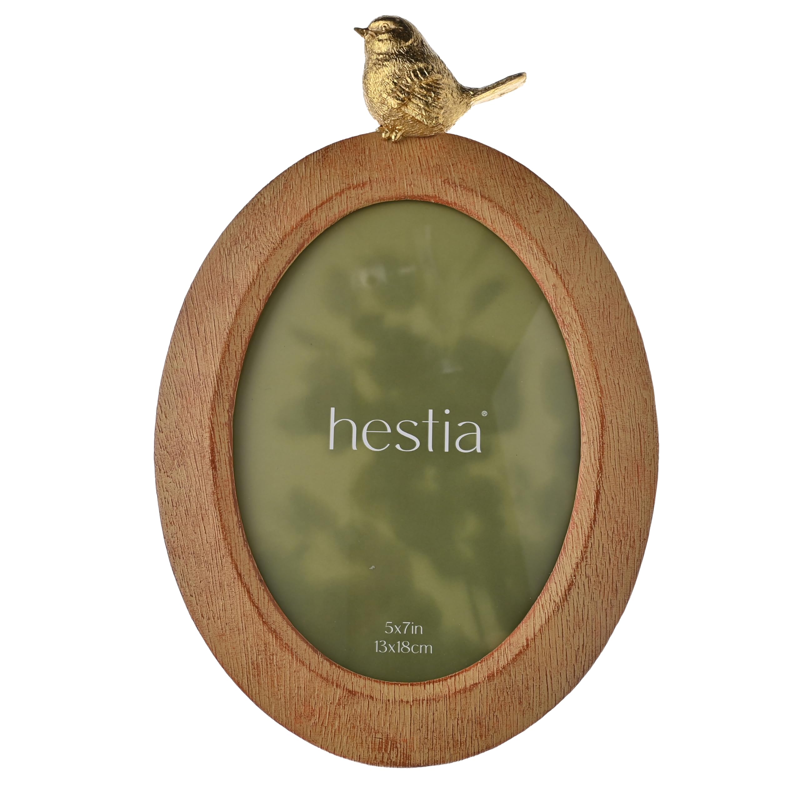 Hestia Brown Wood Effect Oval Frame With Gold Bird 5" X 7" In
