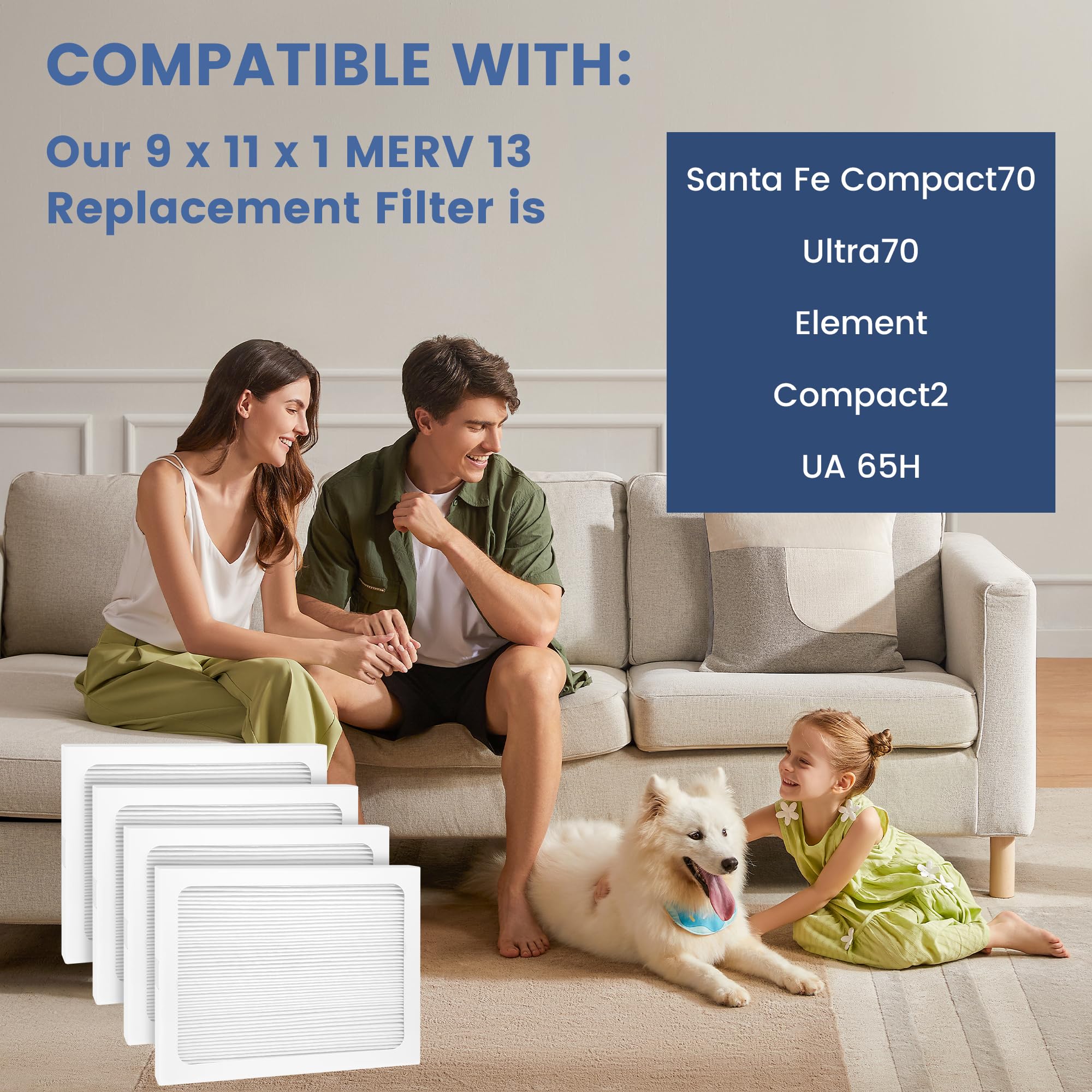 Paquete de 4 filtros de repuesto MERV 13 de 9 x 11 x 1 compatibles con modelos deshumidificadores Santa Fe Compact70, Ultra70, Element, Compact2, UA 65H 2