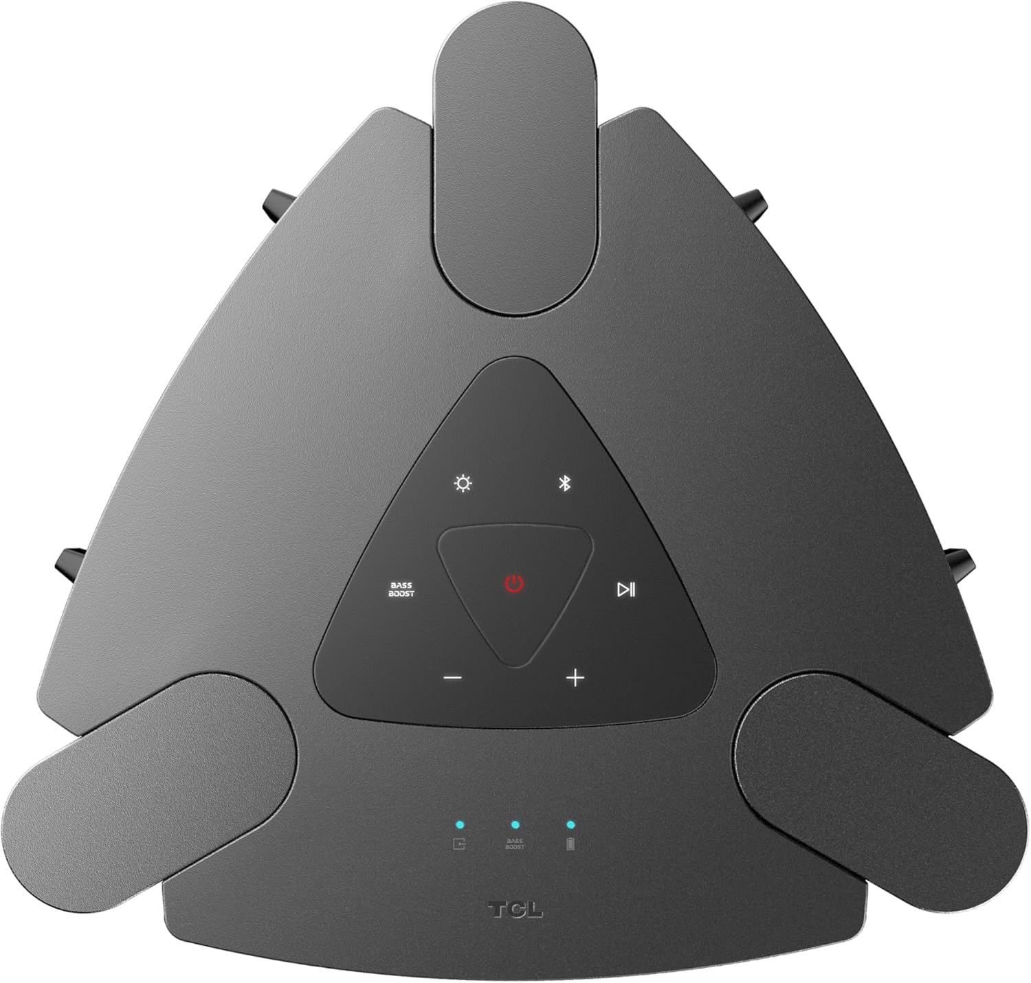 Top control panel of TCL TP300K speaker with buttons for power, Bluetooth, light modes, volume, and bass boost