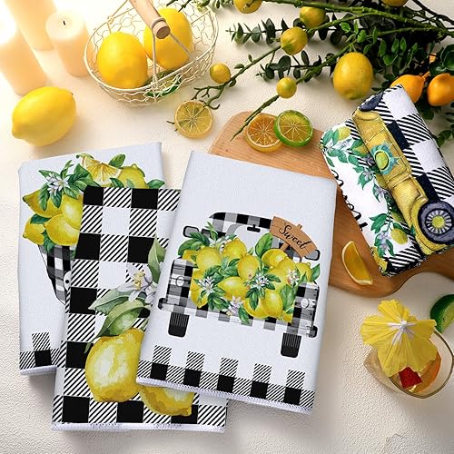 Miniatura 6 de Redbaker 6 toallas de cocina de limón divertidas de verano, toallas de mano a cuadros amarillos y negros, toallas de cocina decorativas para