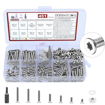 451 Pcs M3 Torx Countersunk Screws, M3 Flat Head Countersunk Nuts And Bolts