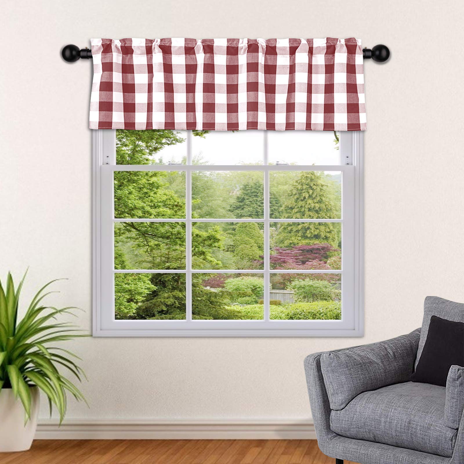 SEEYE Farmhouse Kitchen Curtains Buffalo Plaid - Valances for Windows Light Filtering Rod Pocket Thermal Insulated or Home Bedroom Cafe Decor Window Treatments, 54” W x 18” H-1 Pcs, Red