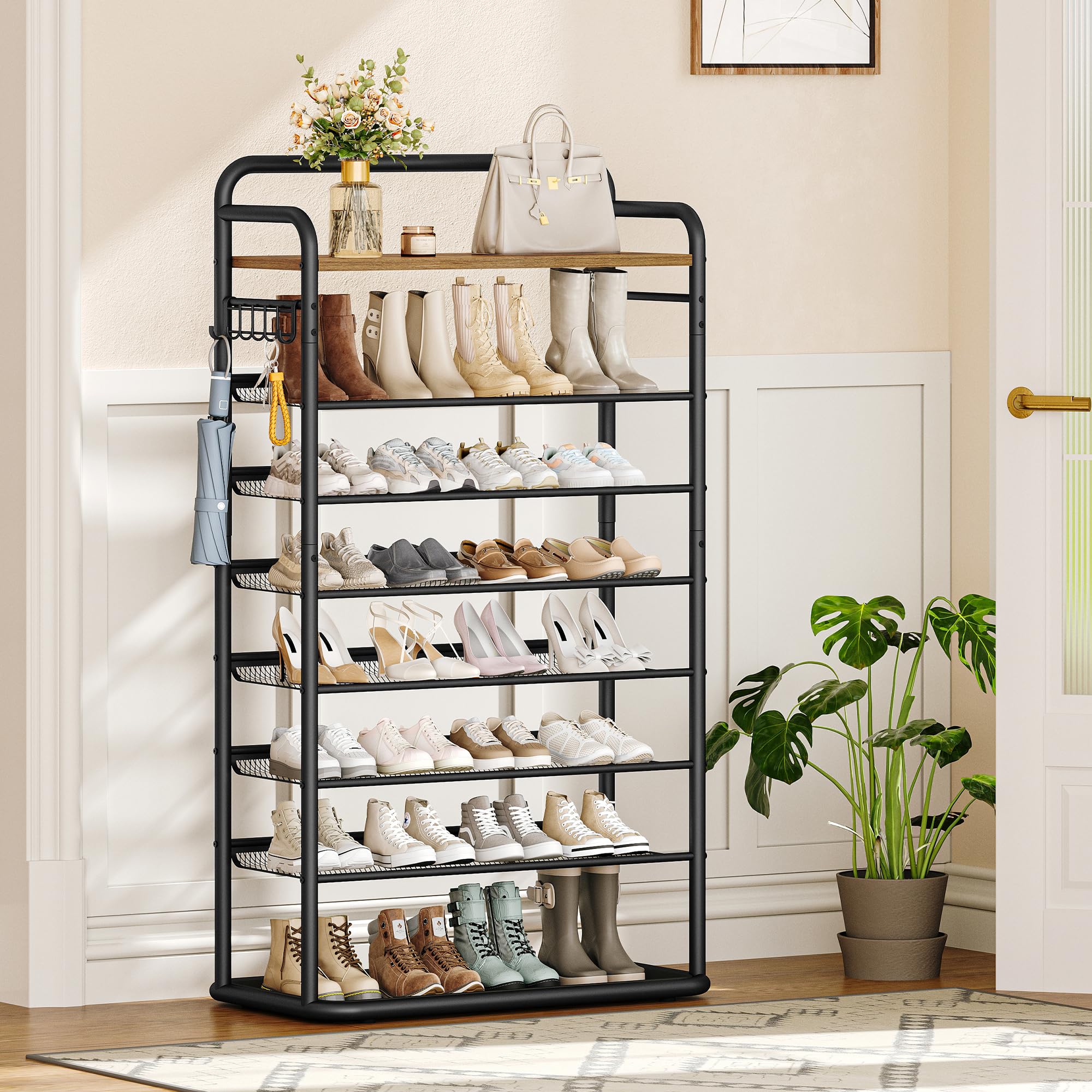 Hzuaneri 8-Stöckiges Schuhregal, 80 cm, 5 Haken, Schuhabtropfschale