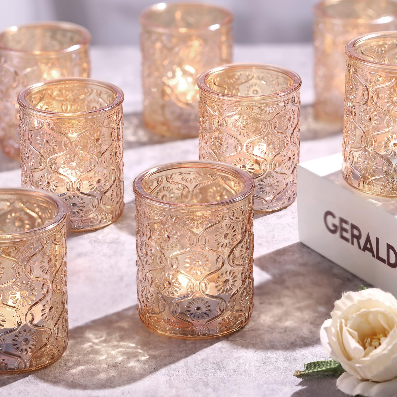 Volens 24pcs Gold Votive Candle Holders for Table Centerpiece, Vintage Flower Glass Tealight Candle Holders Bulk for Wedding Decorations, Boho, Home and Party Decor