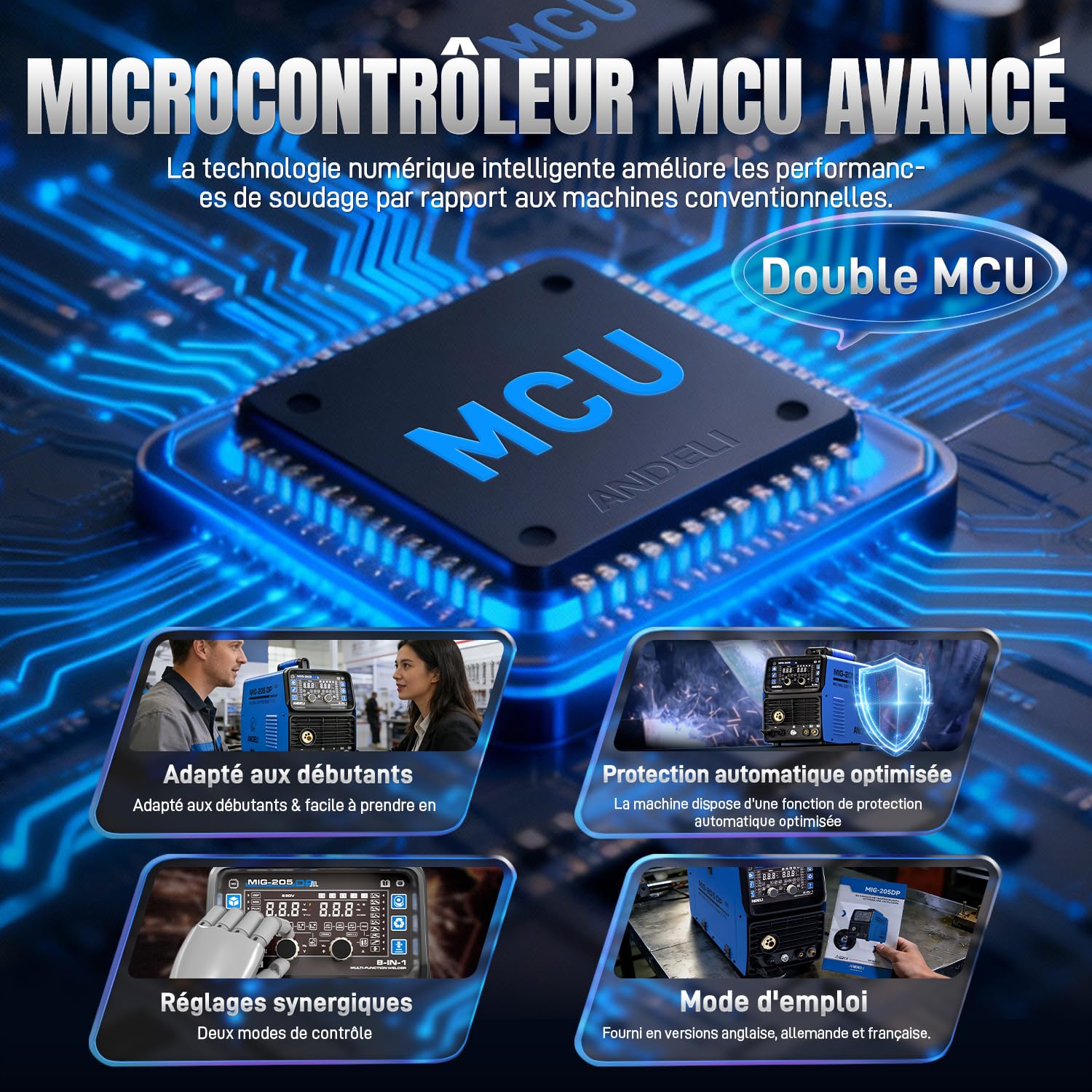 ANDELI 8-in-1 Saldatrice multifunzione 230V - 205A/50A MIG/TIG HF/Plasma | MIG-205DP, Pulsato/Gas/Filo/Pulizia/Freddo/MMA, IGBT, 2T/4T, per Alluminio/Acciaio/Inox, Plasma 50A, Memoria, display HD-LED