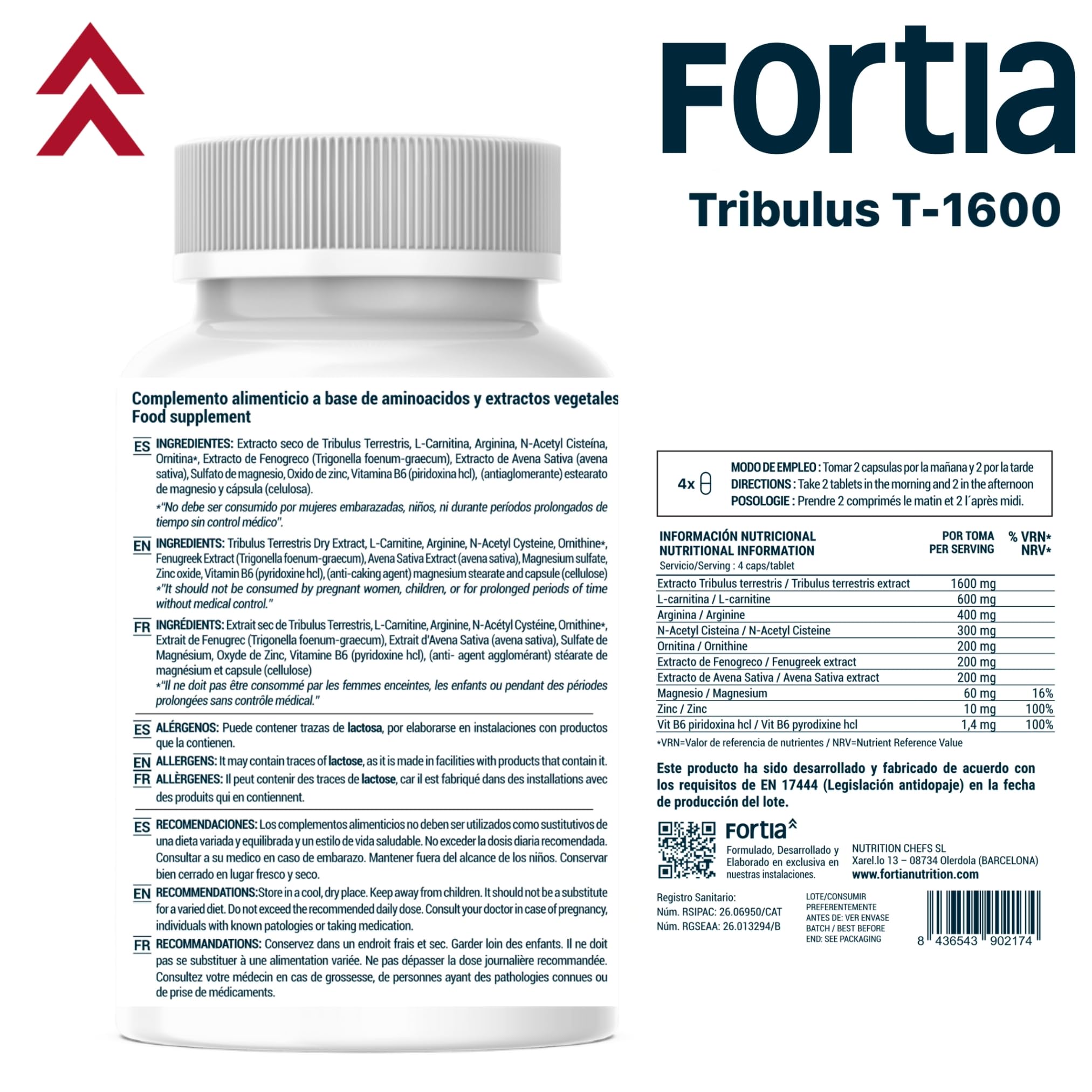 Fortia Tribulus T-1600 | Testosterona Natural y Rendimiento Masculino | Tribulus Terrestris + Arginina + NAC | Energía, Fuerza y Recuperación | 120 Cápsulas