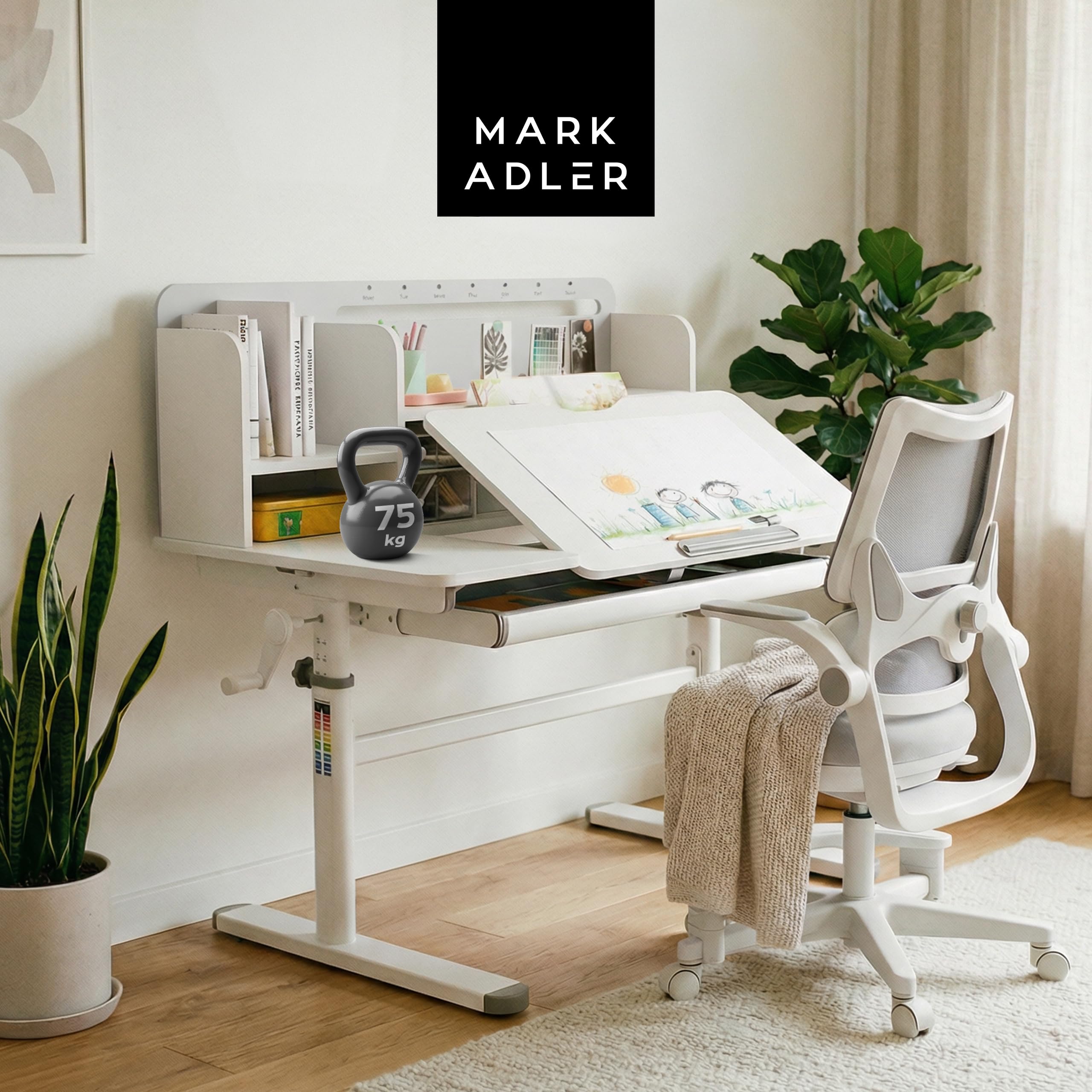 MARK ADLER Study 5.7 Kinderschreibtisch Höhenverstellbar – Schreibtisch Kinder – Lerntisch Kinder Ergonomisch – Neigbare Tischplatte – Mit Schublade Ablage und Buchstütze – Grau