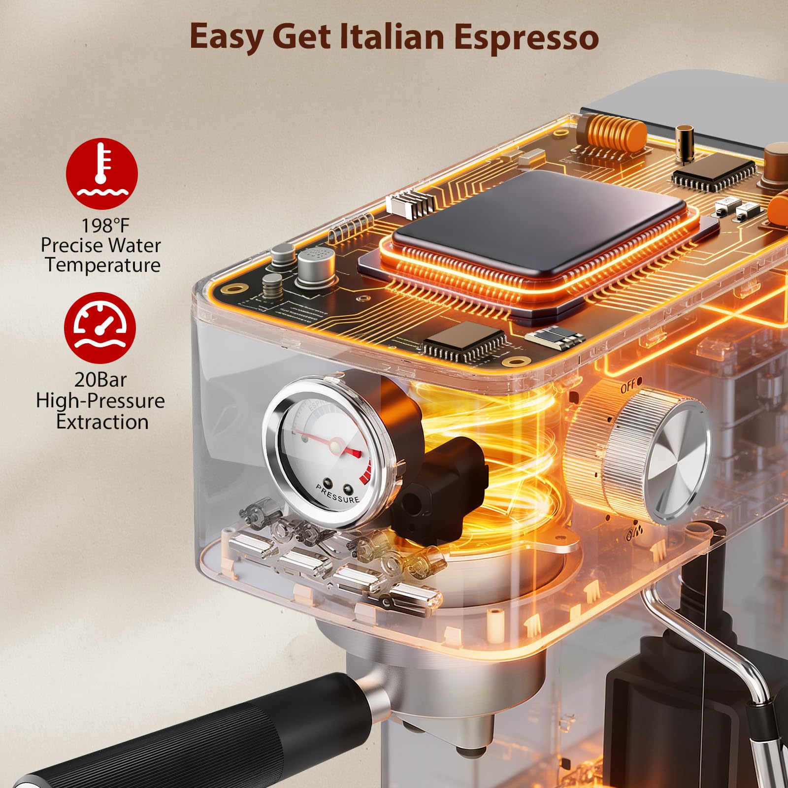 Macchina da caffè espresso 20 bar con trituratore, macchina da caffè espresso semi-automatica in acciaio inox con montalatte, temperatura e volume di tazza regolabili,1,4 l serbatoio rimovibile per