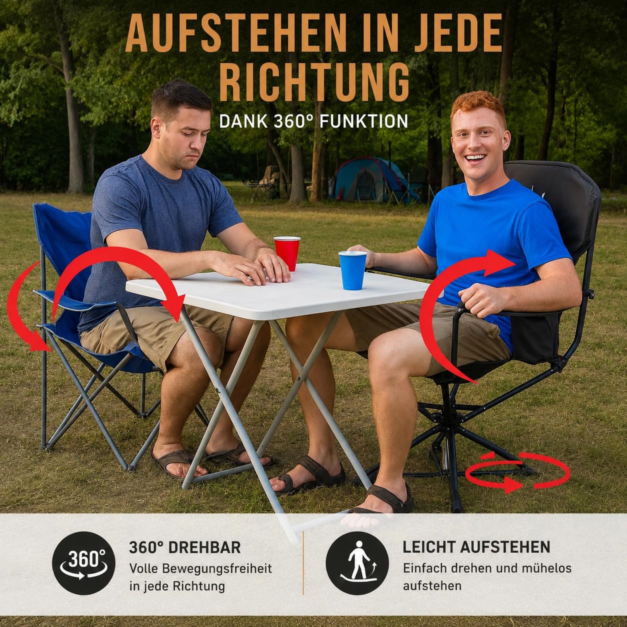 Campingstuhl faltbar schwarz bis 150 kg mit Rückentasche für Kissen oder Wärmflasche, 360° drehbar