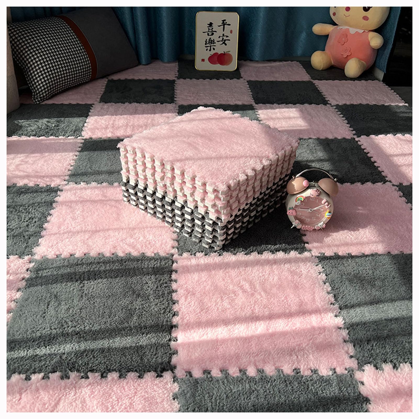 Tappeto ad Incastro Splice Tappeto ad Incastro Quadrato, 16 Pezzi Tappetino Puzzle in Schiuma, Facile da installare per Soggiorno e Camera da Letto Tappeto in Schiuma,Pink+gray-1cm