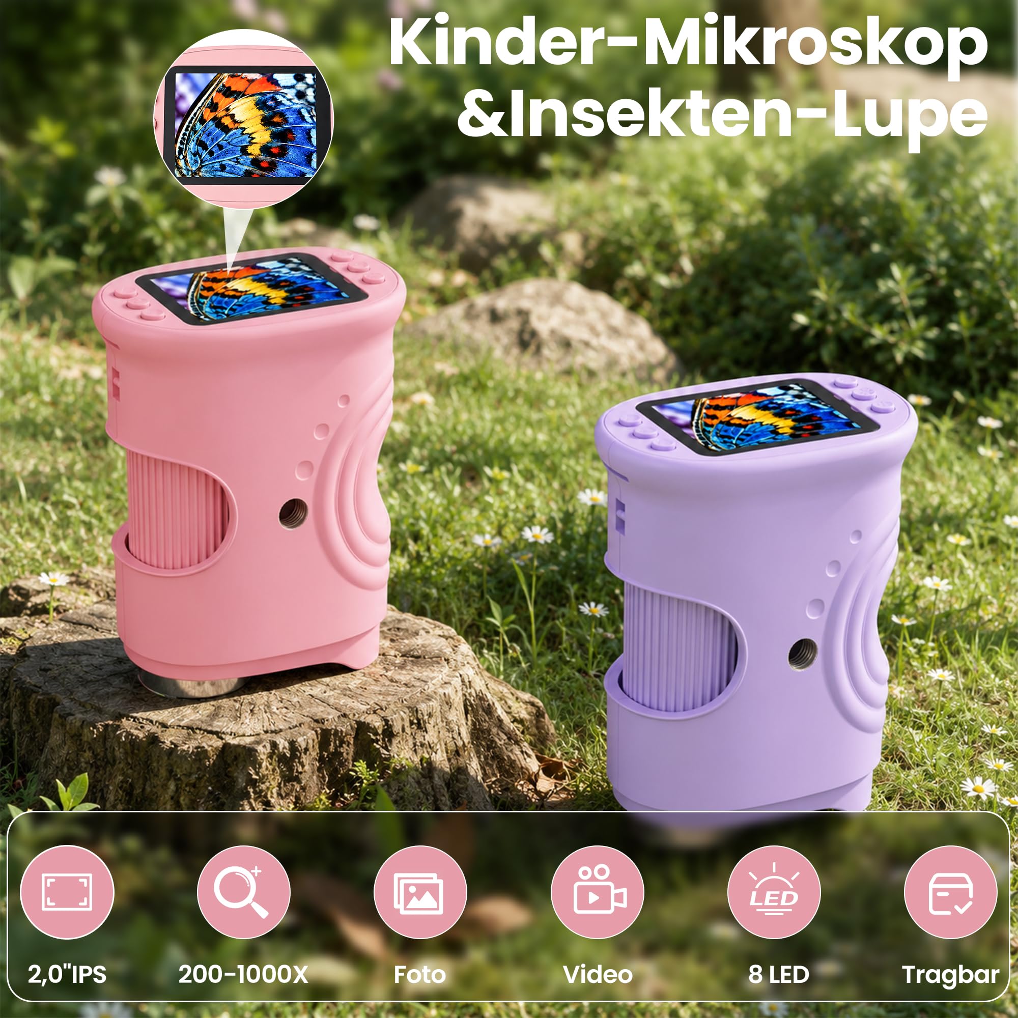 Mikroskop für Kinder Digitales Taschenmikroskop mit 2 Zoll Bildschirm, 8 LED Licht, Foto Funktion, Mini Lupe Lernspielzeug, Geschenk für Jungen Mädchen ab 4 Jahren (Weiß)