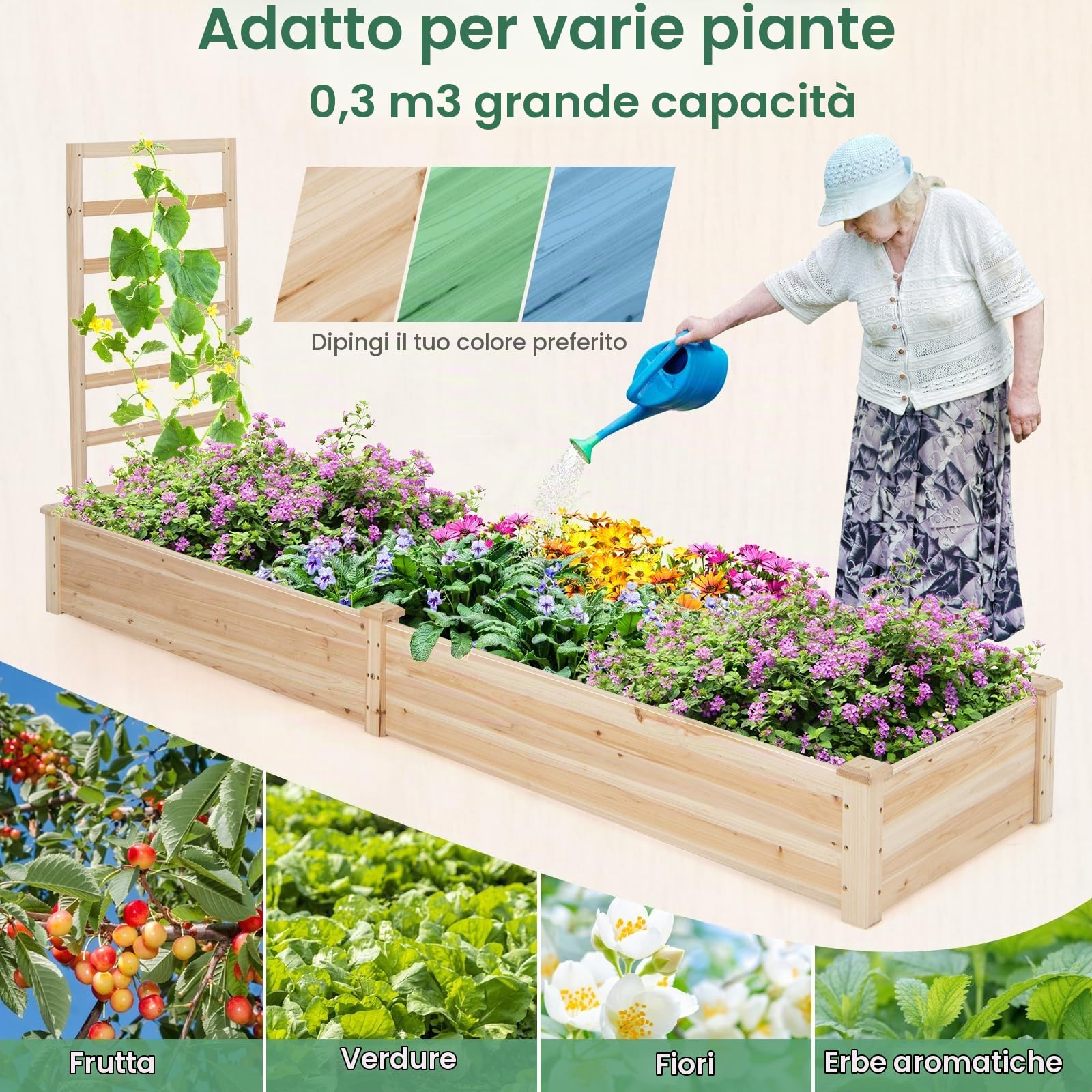 RELAX4LIFE Fioriera da Esterno, Orto Rialzato con Spalliera e 2 Cassoni, Base Aperta, Fioriera in Legno di Abete per Fiori e Piante Rampicanti per Balcone/Giardino (235x63x102cm, Naturale)