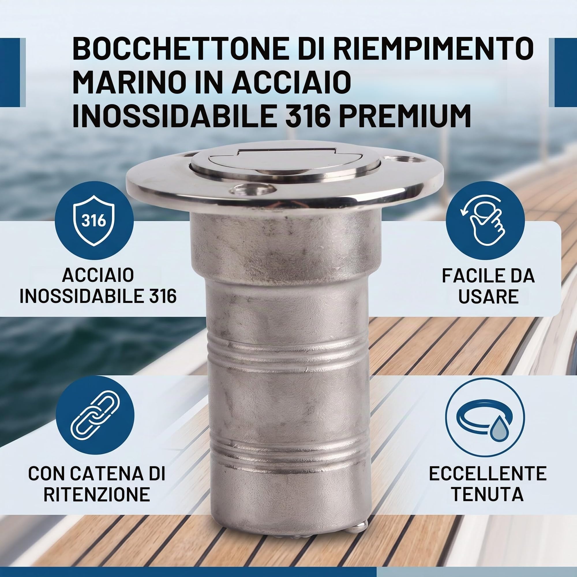 Bocchettone Rifornimento Carburante 38mm, Acciaio Inox 316