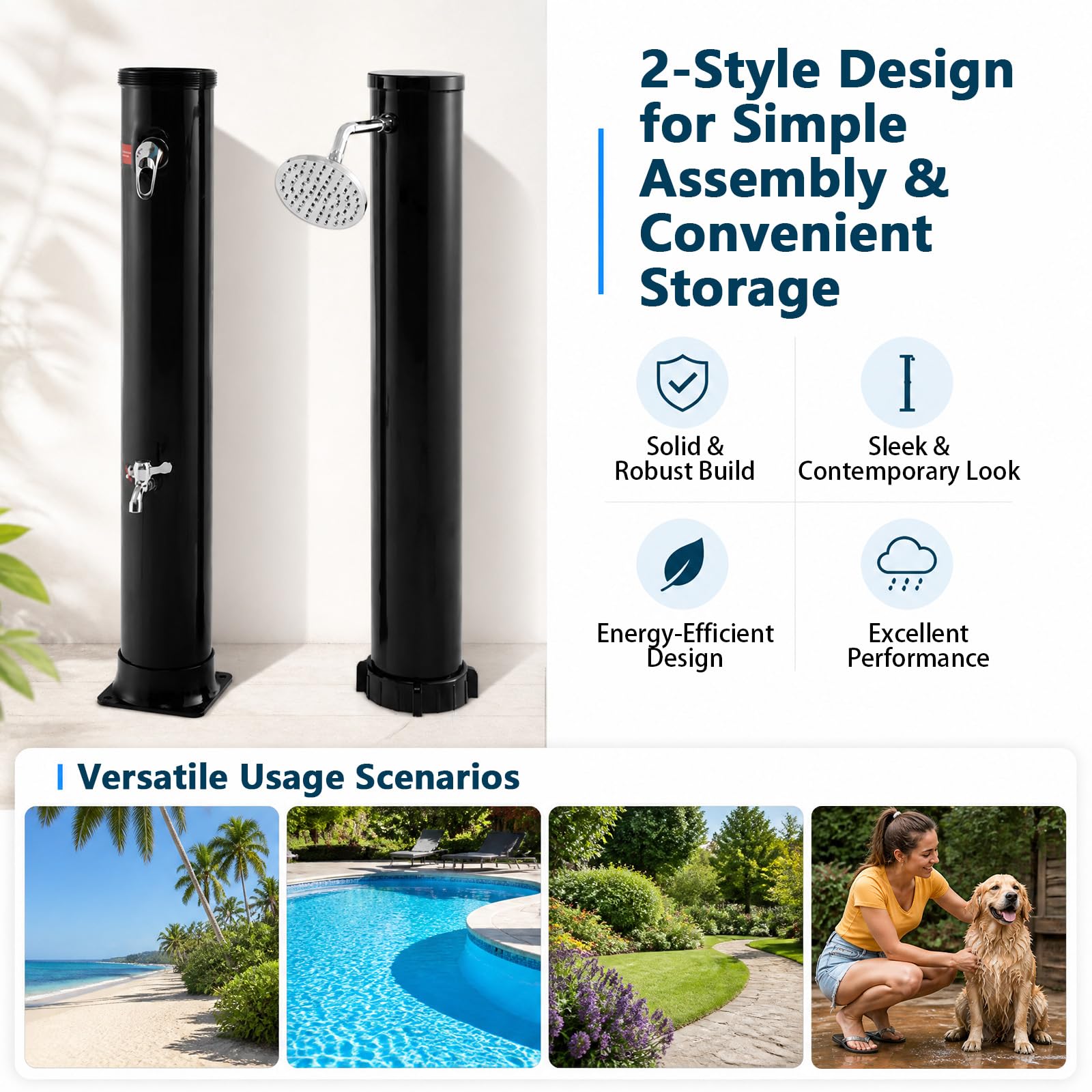 Goplus Douche d'extérieur chauffante à énergie solaire de 36 litres, douche autoportante de 2,3 m avec pommeau de douche rotatif, réglage de la température et douchette de pied, pour jardin, plage,