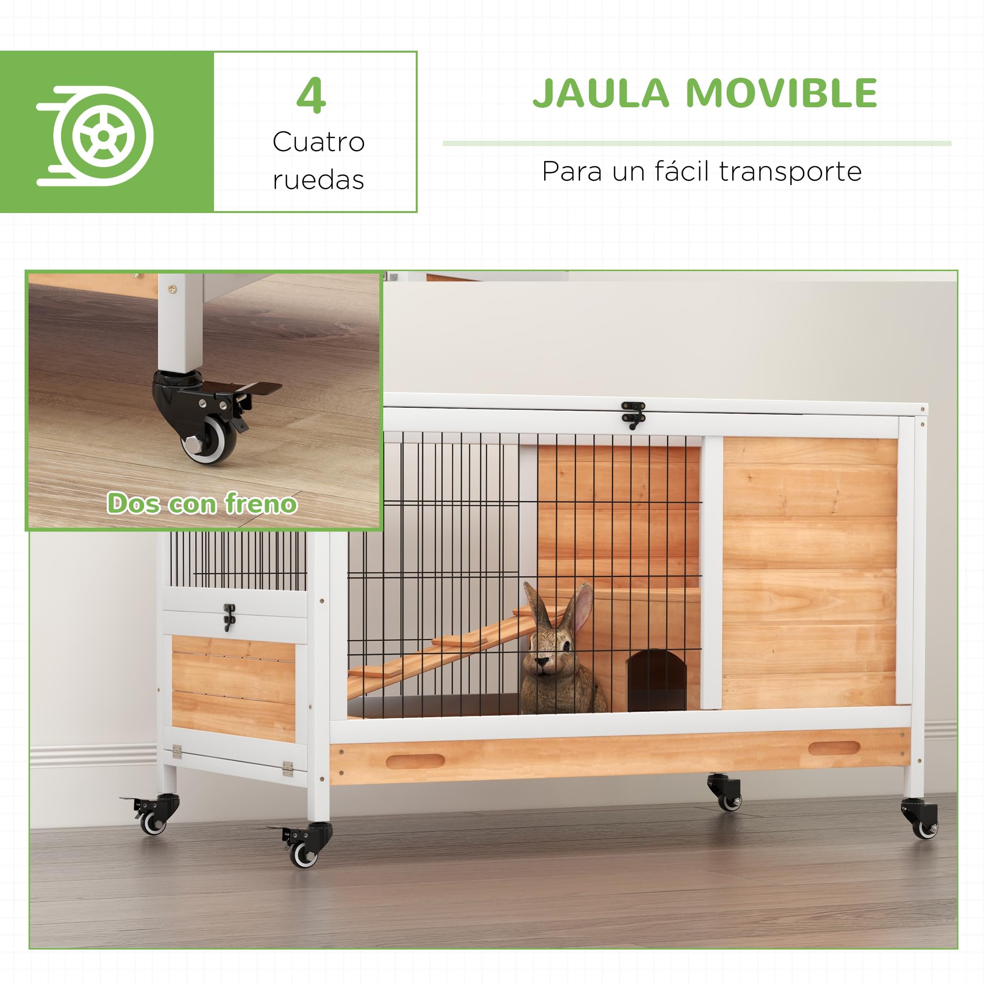 PawHut Jaula para Conejos de Madera Conejera para Mascotas Pequeñas Portátil Interior con Techo Abrible Rampa Bandeja Extraíble para Conejillos de Indias 90x53x59 cm Madera Natural
