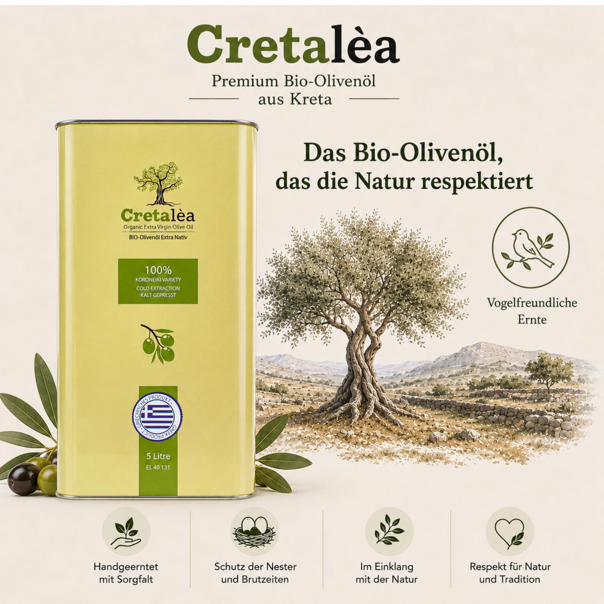 Olivenöl 5 Liter Bio - Extra nativ - Kreta - kaltgepresst - griechisches Öl - 100% handverlesen, Singvogelgeschützt - neue Ernte - Cretalèa