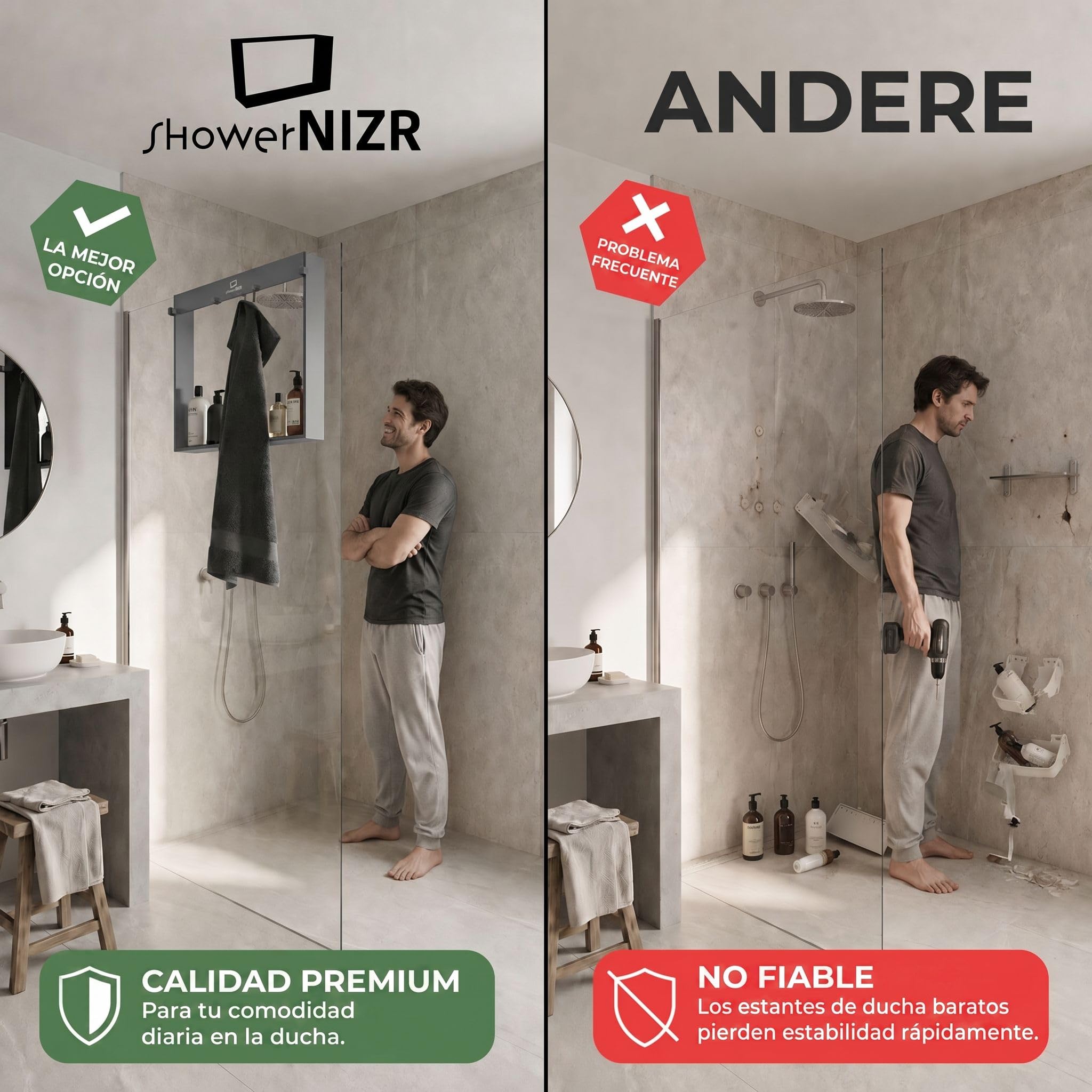 ShowerNIZR Estante de ducha Granite Grey Estante de ducha sin taladro | para colgar en mampara de vidrio de acero inoxidable con 4 ganchos orden sin obra baño sereno y limpio línea depurada
