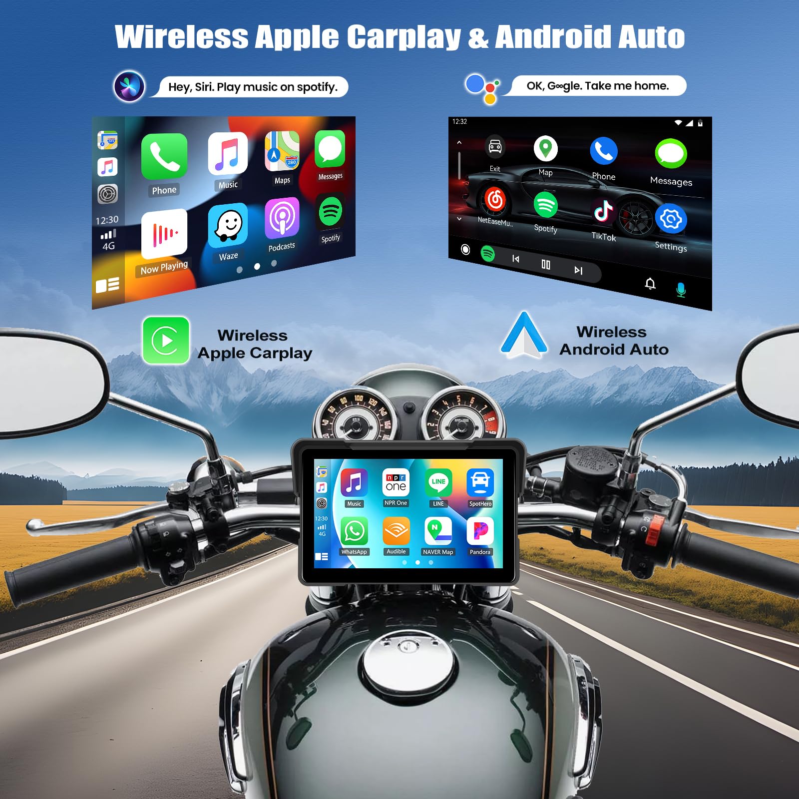 CAMECHO 2025 Moto Wireless CarPlay y Android Auto Inalámbrico, Pantalla carplay Moto 7" HD IP68 Impermeablepara Motocicletas con navegación/Bluetooth/EQ/Mirrorlink