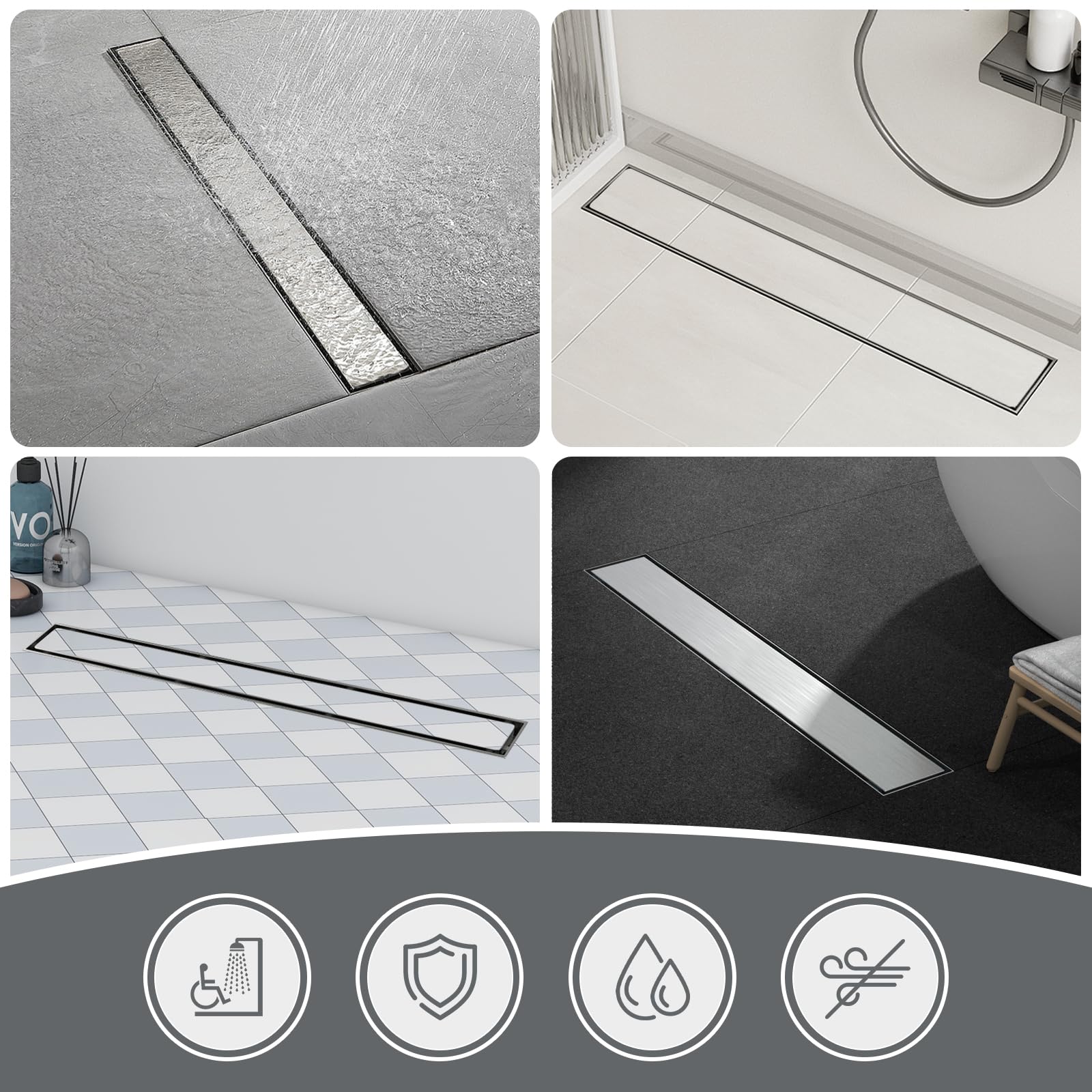 EFUTURETIME 70cm Canaletta Scarico Doccia a Pavimento in Acciaio Inox, Piletta Doccia Piatto Piastrellabile 2 in 1 Sifone a 360° con Filtro Antiodore e Anti-Capelli per Doccia Walk-in