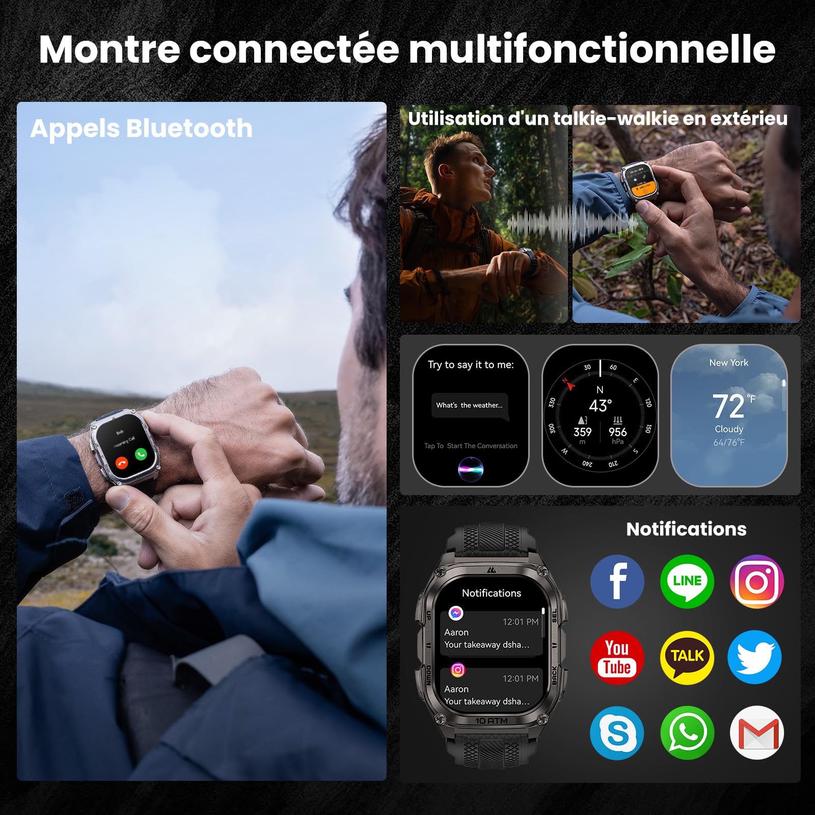 KOSPET Tank M4 GPS Montre Connectée Homme, Cartes Hors Ligne, 1.96'' AMOLED | Acier Inoxydable, Étanche 10 ATM et IP69K, Plongée 45M, Batterie 15 Jours, Surveillance Santé 24/7, Compatible Android et iOS