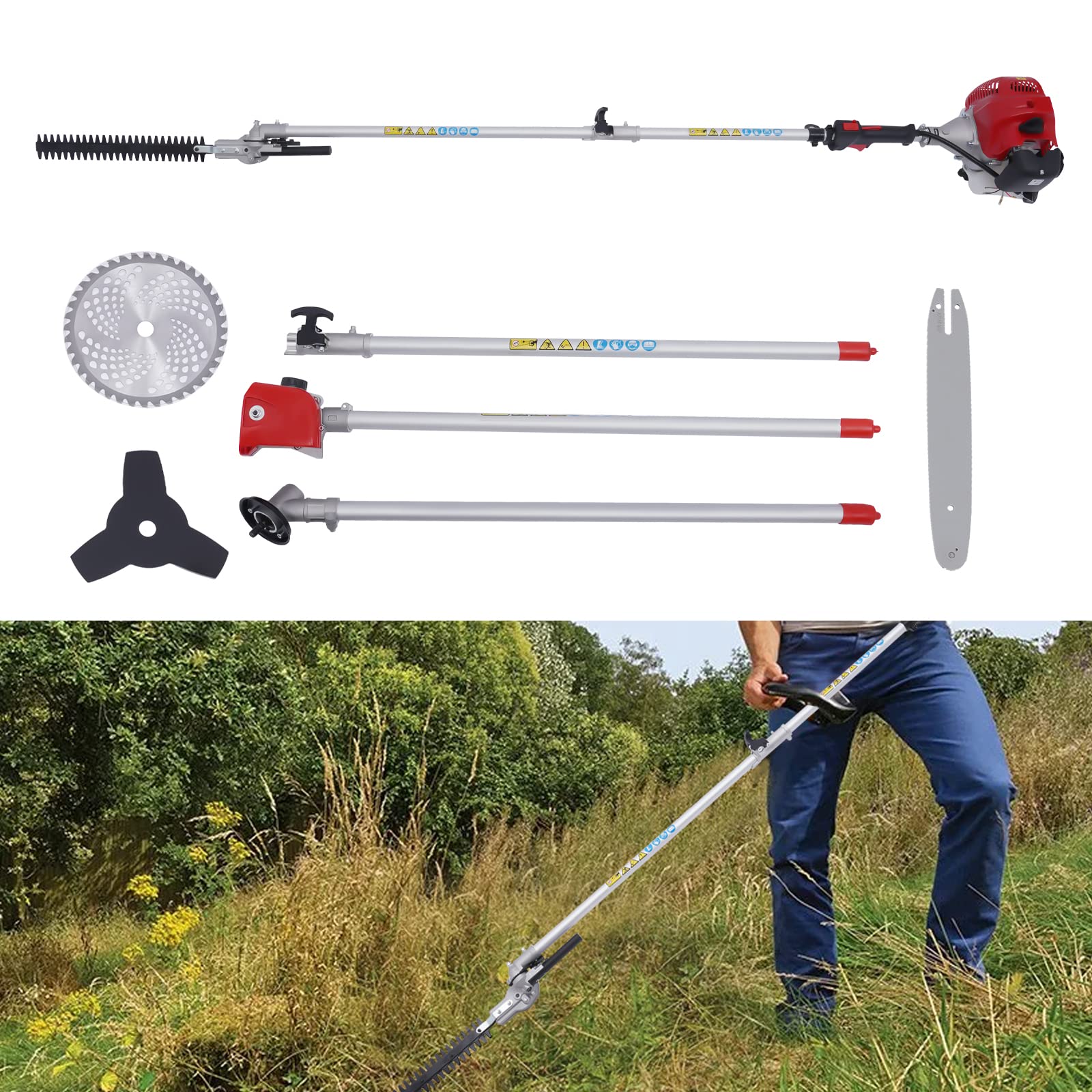 Cortasetos de 1,4 kW, 4 en 1, gasolina, multiherramientas, cortasetos para jardín, herramienta multiherramienta con sierra circular y pulsador alto