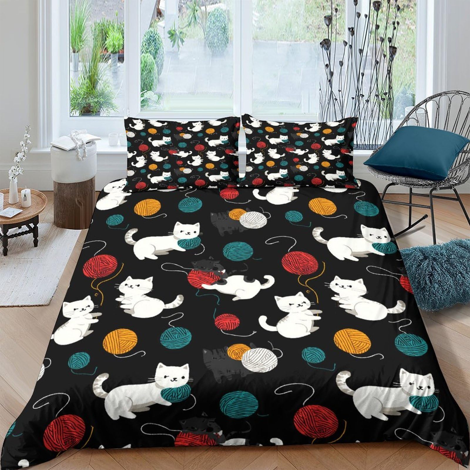 Ctjqhvkz Style-2 3D Printed Cartoon Cat Fitted Sheet Microfiber Soft Black Yarn Ball Mattress Cover For Bedroom Dorm Decor Single（135X200cm）