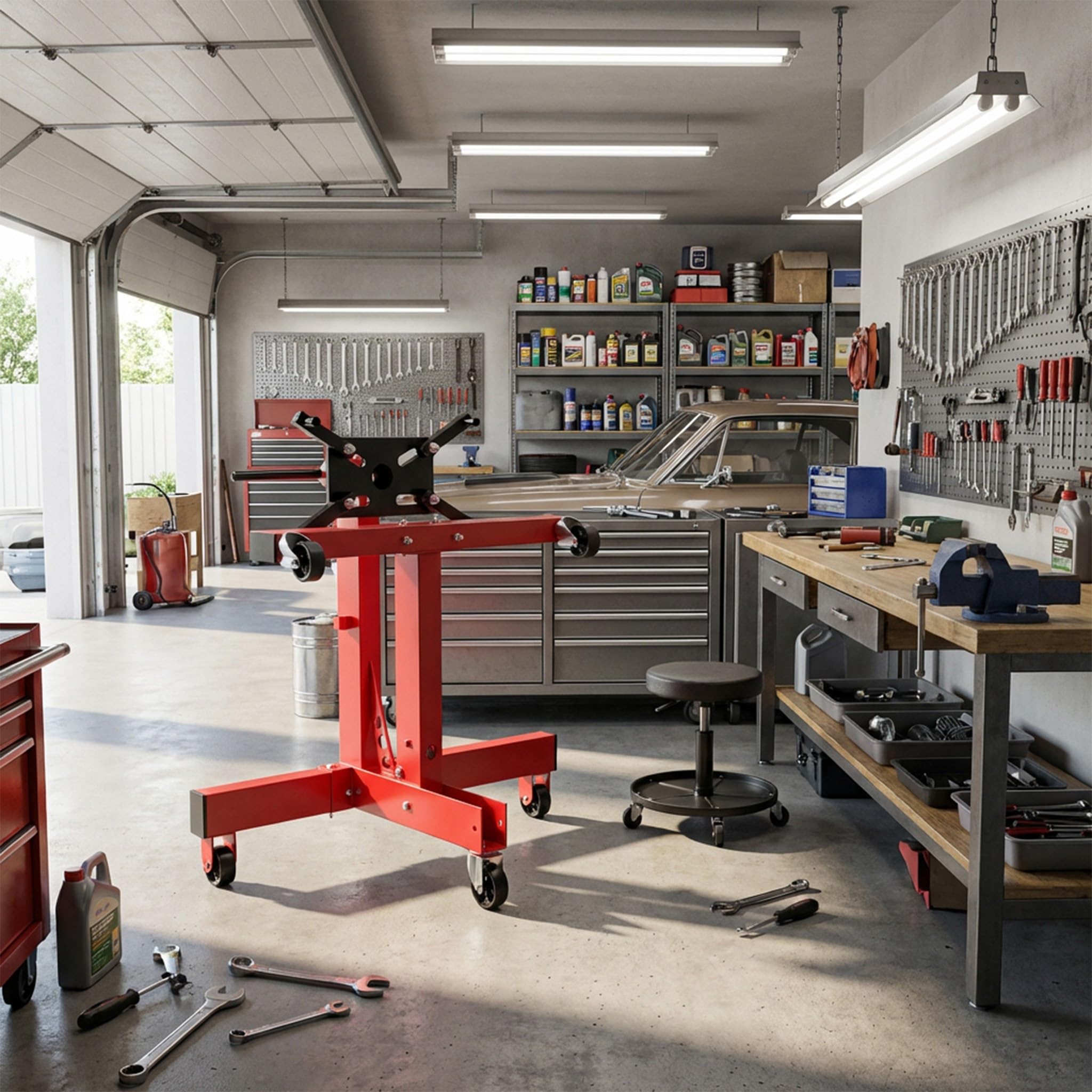 Froadp Motorständer Motorheber, Belastbar bis 680 kg, 360° Drehbar mit Haltearm, Getriebeheber Hydraulisch Stabil, Getriebehalter mit Rollen, Werkstatt Motor Reparaturständer für Auto und LKW, Rot