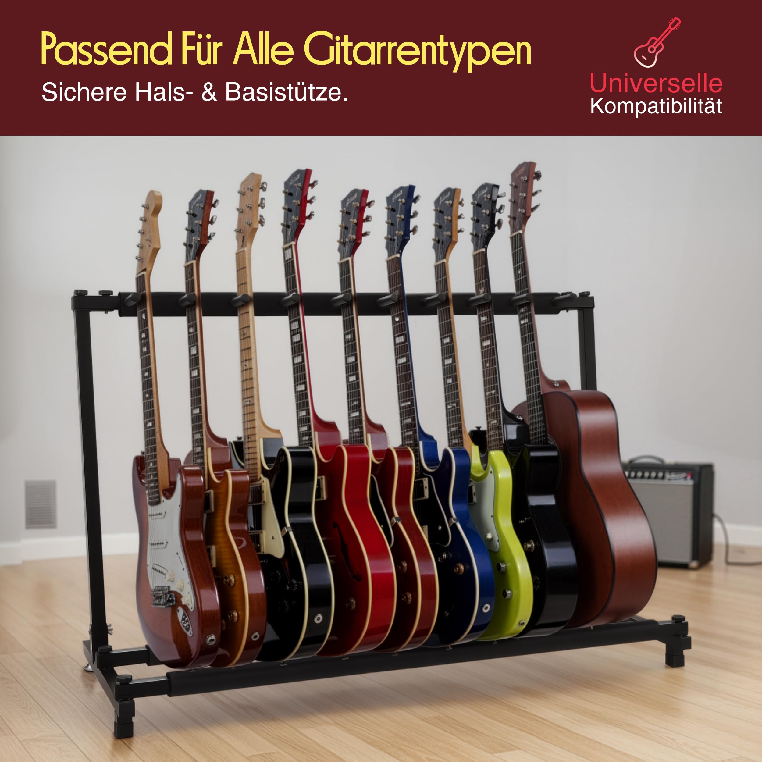 Pyle Gitarrenständer für 9 Gitarren, faltbar, Schwarz, für E-Gitarre, Akustikgitarre & Bass mit Polsterung