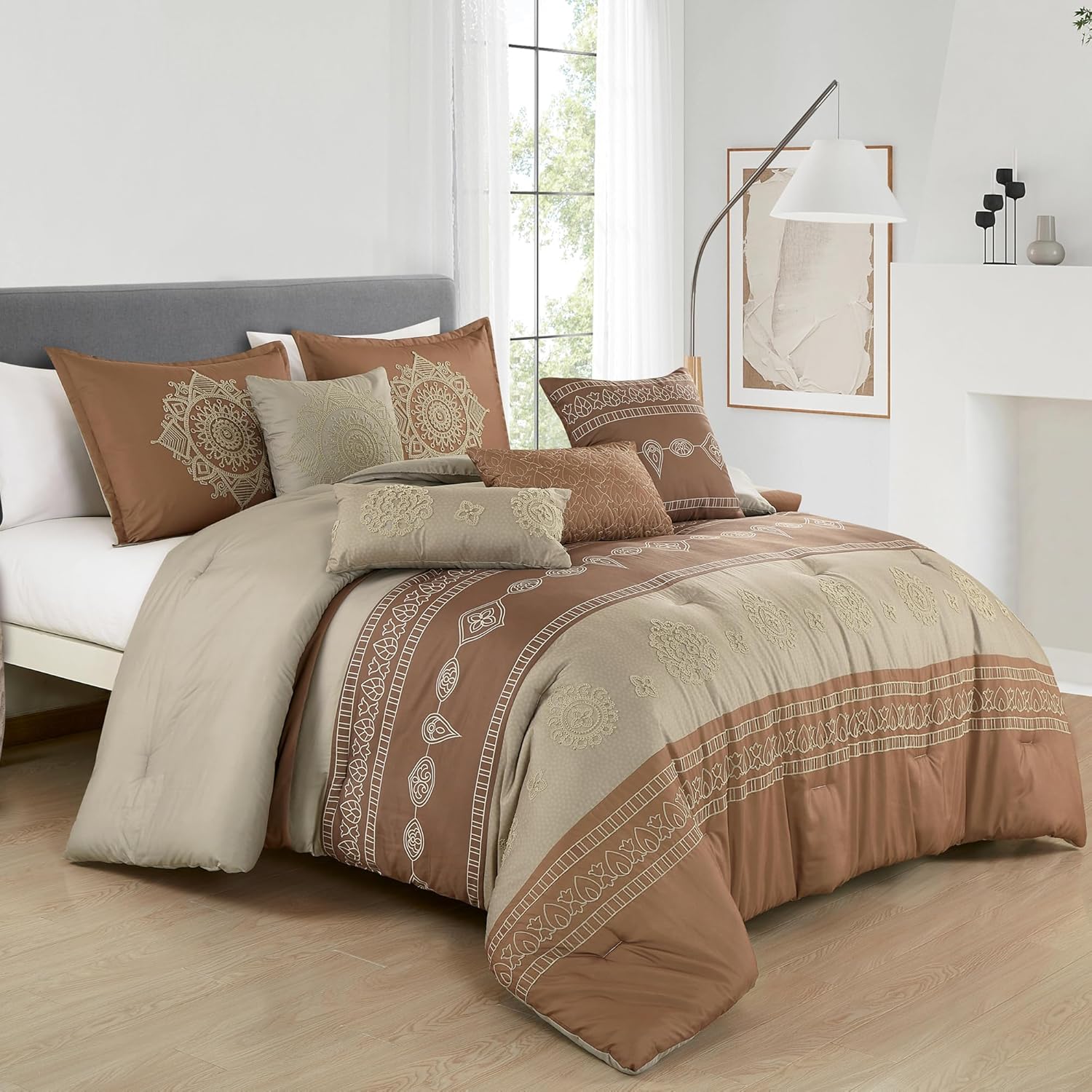 ESCA Brown and Beige Comforter Set King 7 Piece - Boho Medallion Embroidery Bedding Set with Decorative Pillows,