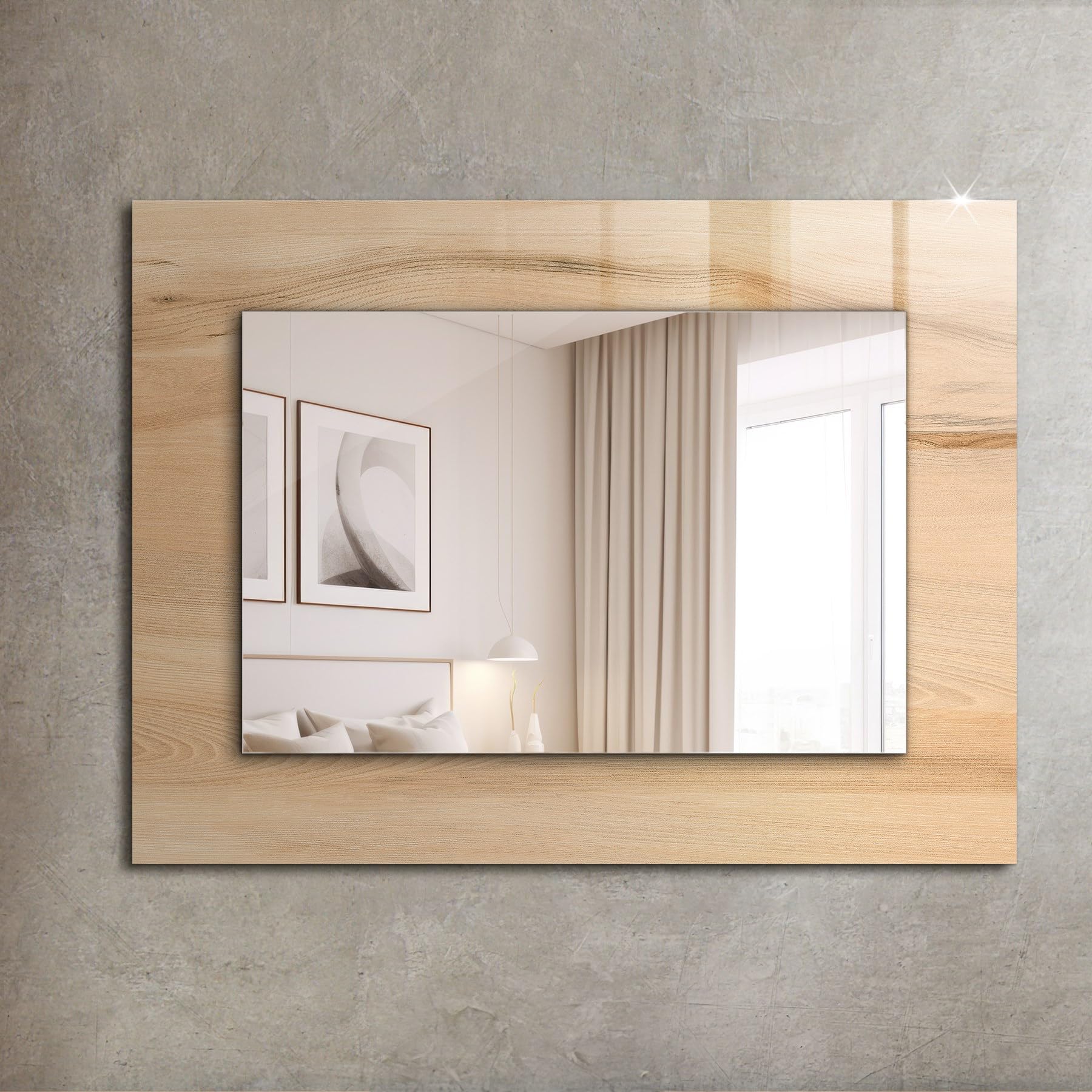 Prostokątne lustro ścienne, 80 x 60 cm, szklana rama z nadrukowaną krawędzią, elegancki akcent do każdego pomieszczenia, faktura drewnianej deski