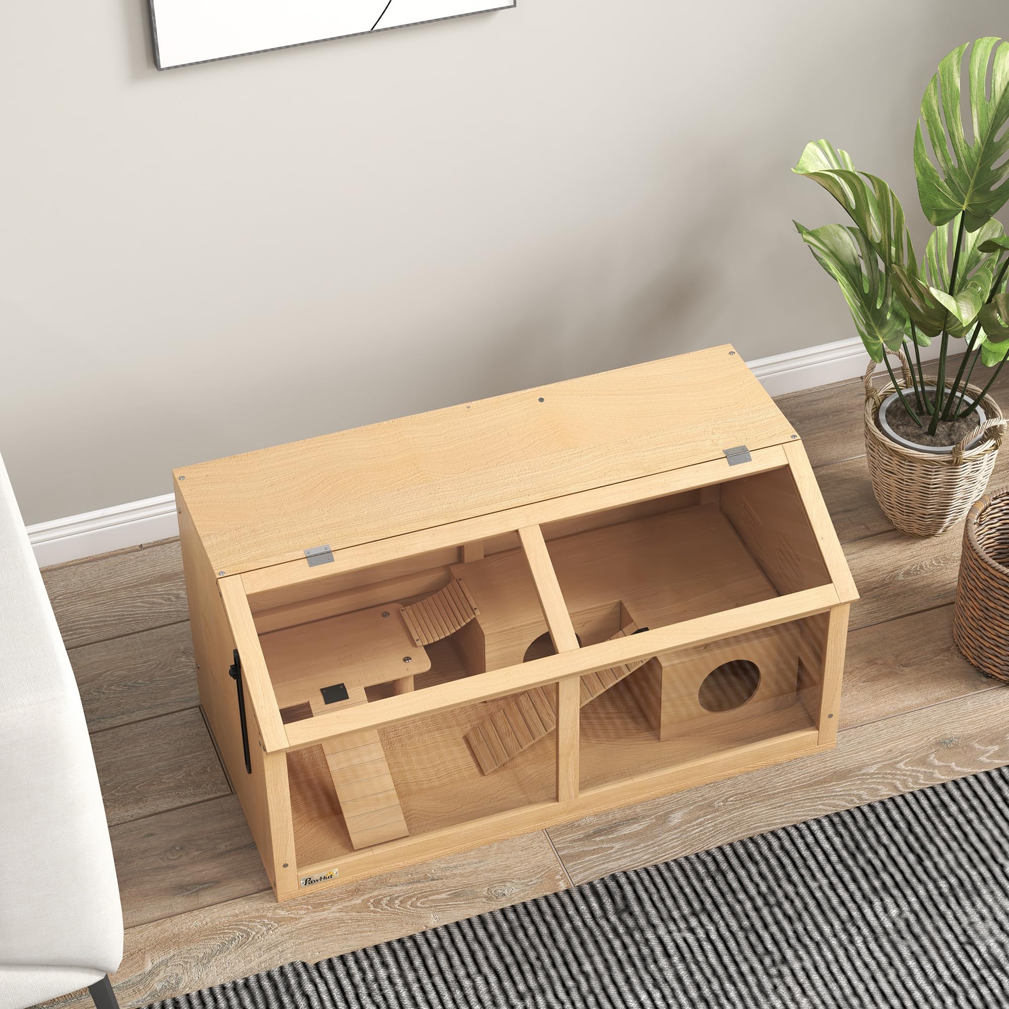 PawHut Gabbia per Criceti Apribile con Piattaforma, Scalette, Capanna e Ponte, Gabbia per Roditori in Legno di Abete, 85x45x44 cm, color Legno