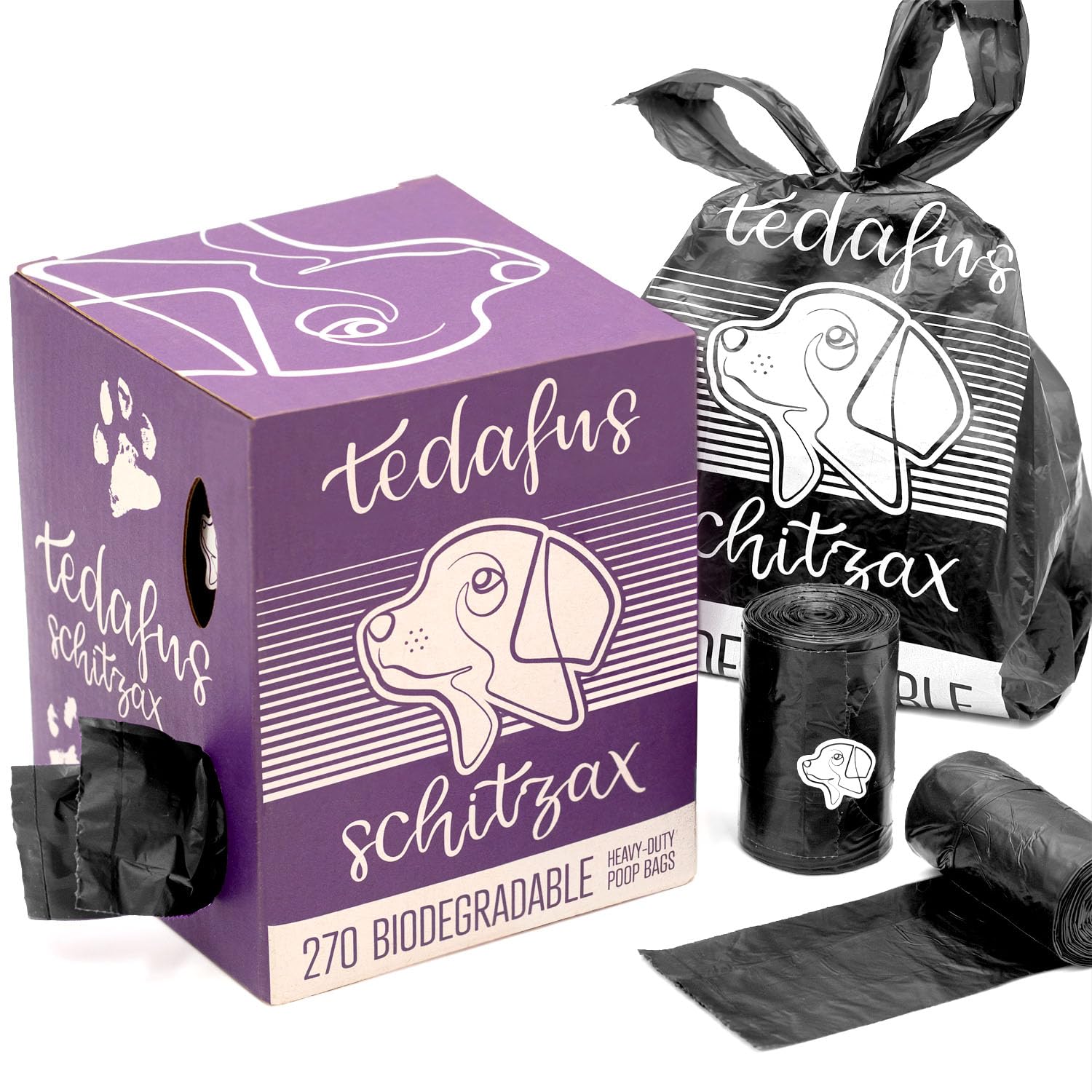 TEDAFUS Bolsas para excrementos de perro, 270 bolsas ecológicas biodegradables, 18 rollos gruesos de recambio dispensadores con asas de amarre para perros, 15 bolsas fuertes por rollo, 100% a prueba