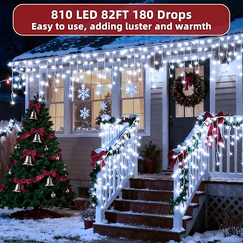 Miniatura 2 de 810 luces LED de carámbano de 82 pies para exteriores, 180 gotas, 12 modos de iluminación, enchufables, luces de Navidad, impermeables, regulables,