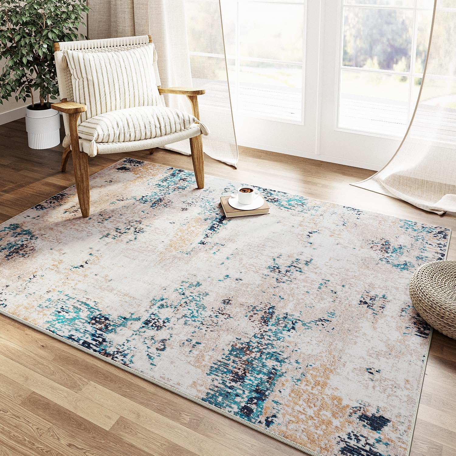 3x5 Washable Area Rug Blue Brown Abstract Modern Entryway Kitchen Non Slip Throw Rug Living Room Bedroom Indoor Doormat Soft Thin Simple Carpet for Entrance Dining Room Office Bathroom 3'x5' Blue/Brown