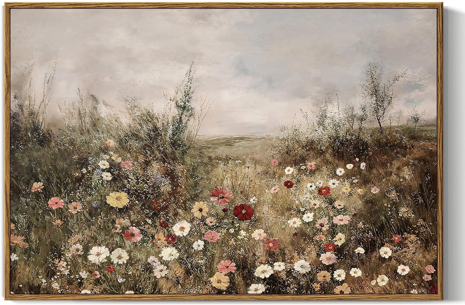 InSimSea Framed Canvas Prints Art Vintage Decor, Classical Wildflower Field Meadow Flowers Painting, Rustic Landscape Large Wall Art for Living Room Bedroom Home Bathroom Wall Decor, 16x24inch Blooming Meadow 24L" x 16W"