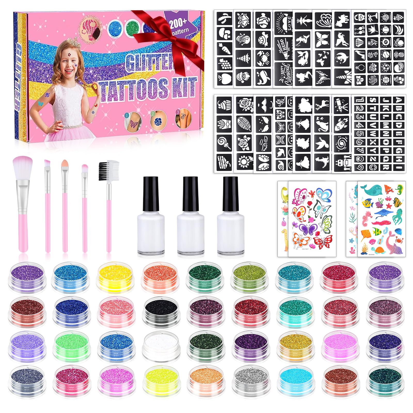 Glitzer Tattoo Set, Glitzertattoos Kinder Set für Mädchen - 36 Farben,220 Tattoos Schablonen Temporäre Kinder Inkl. 5 Pinsel & 3 Kleber Geschenk für Mädchen Geburtstag Party Ostern Weihnachten