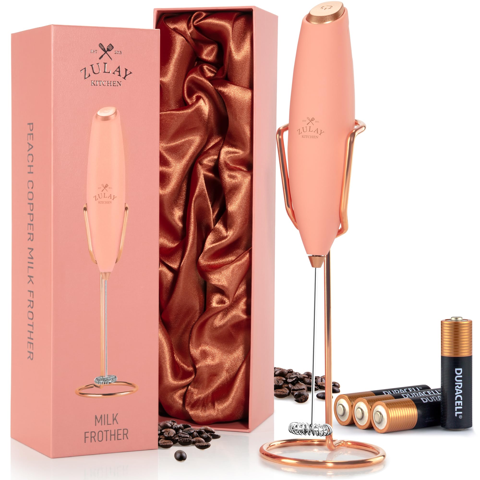 Zulay Kitchen Powerful Milk Frother Wand With Duracell Batteries - Ultra Fast Handheld Drink Mixer - Electric Whisk Foam Maker for Coffee, Lattes, Cappuccino &amp; Matcha - Z1 Motor - Exec Peach Copper