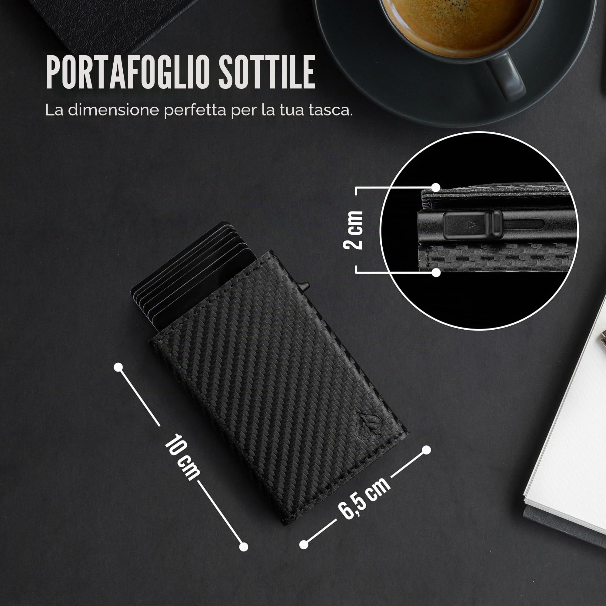 CARD Nine! Portafoglio Uomo Slim - Porta Carte Magnetico - Alta Qualità - Protezione RFID - Per 8 Carte Di Credito - Chiusura Magnetica - Portatessere (Carbon, Con Portamonete)