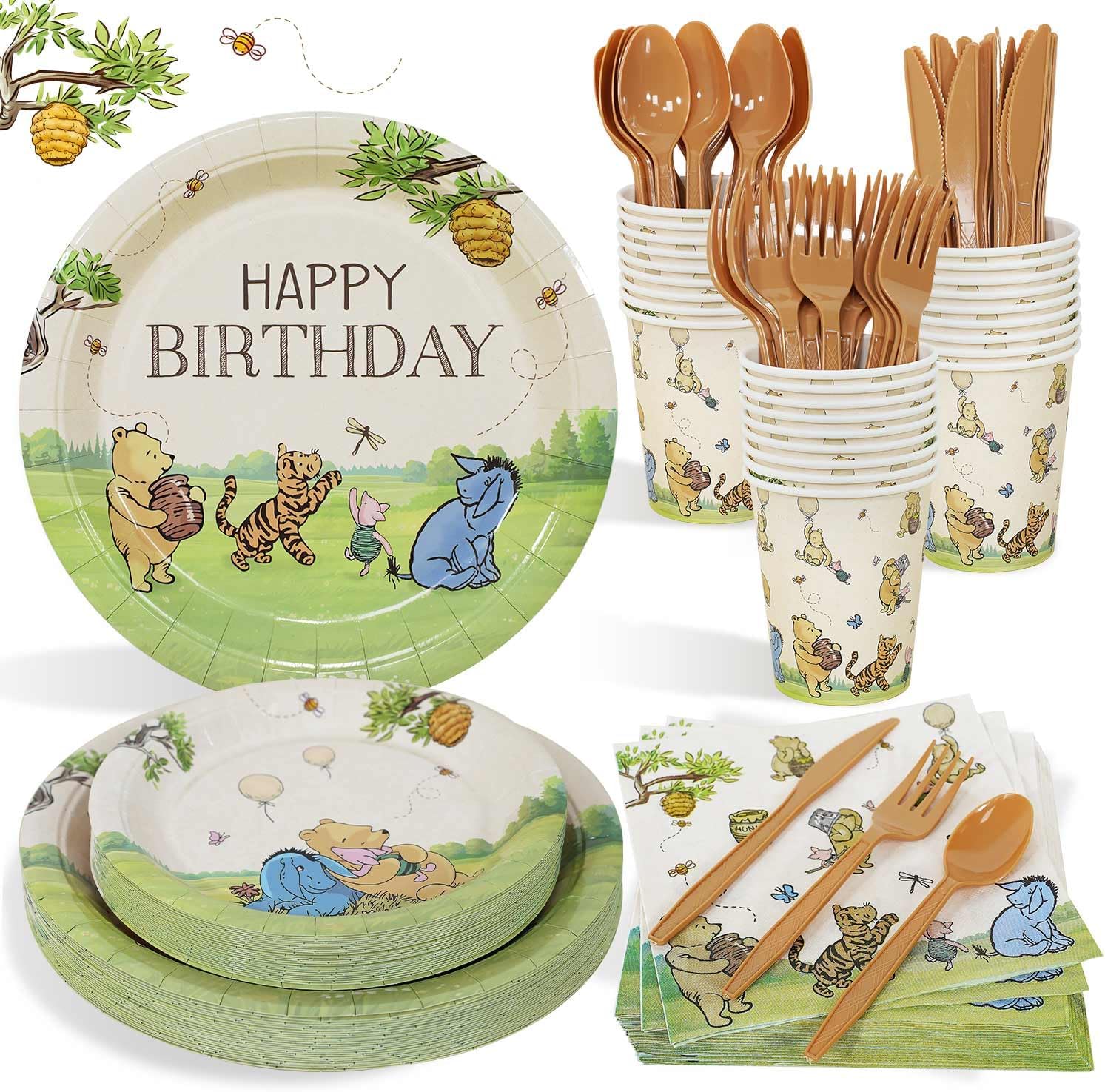 Winnie Birthday Decorations Plates Set, 175PCS Classic Pooh Happy Birthday Plates Cups Napkins Cutlery for 25 Guests