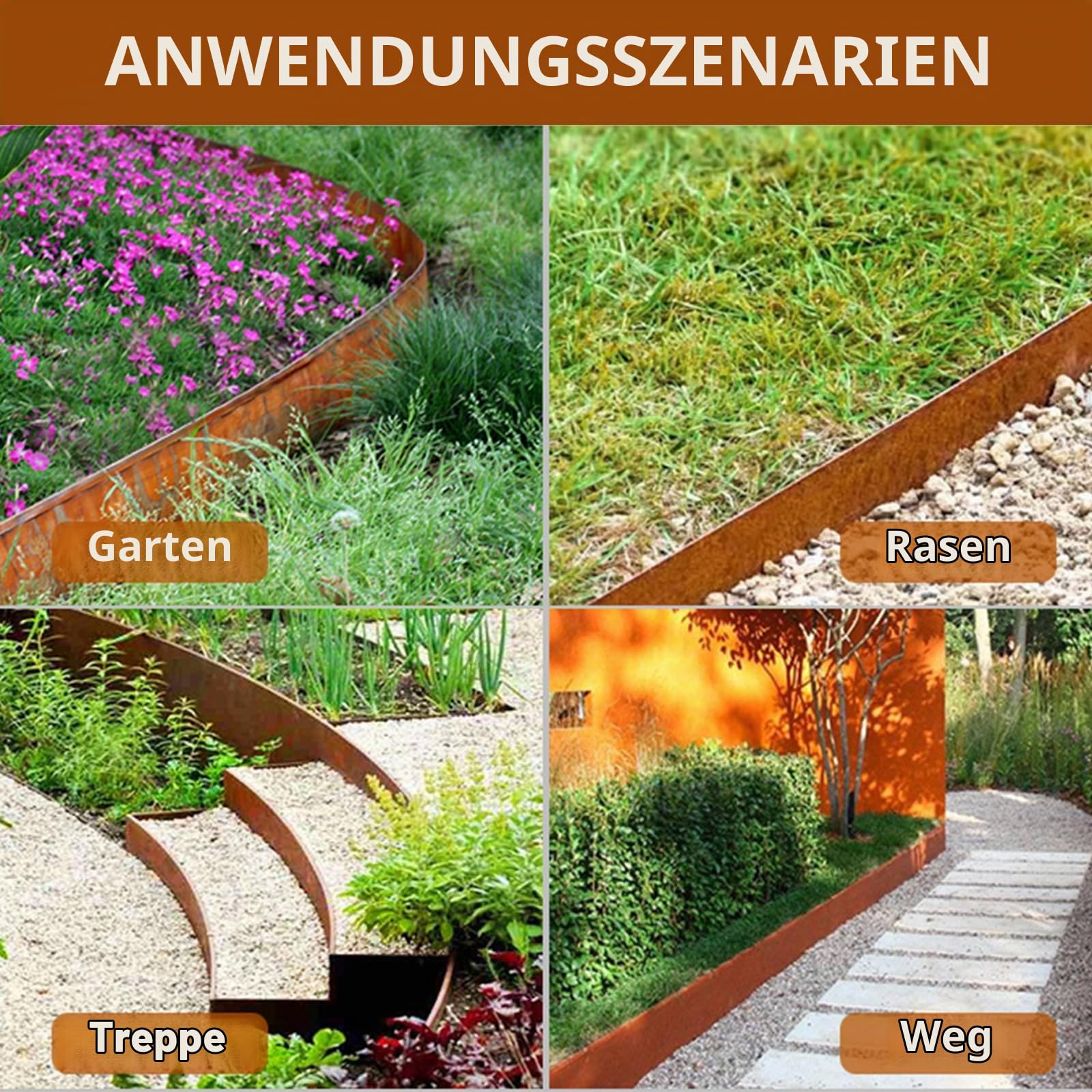 10m x 14.5cm hoch Rasenkante aus Metall,Cortenstahl Rasenkante Rostoptik,Beetumrandung für DIY Lawn,Mähkante Beeteinfassung mit 1 Paar Handschuhe,Rasenkante verzinkt Metall für Garten