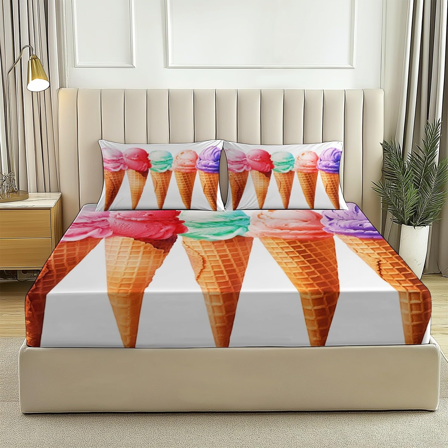 Drap Housse Set Simple Glace À L'Aquarelle Thème, Blanc Drap-Housse Respirant Résistant avec 2 Taies d'oreiller, 140 x 190 cm Drap de Lit Convient aux Matelas Jusqu'à 30 cm D'épaisseur