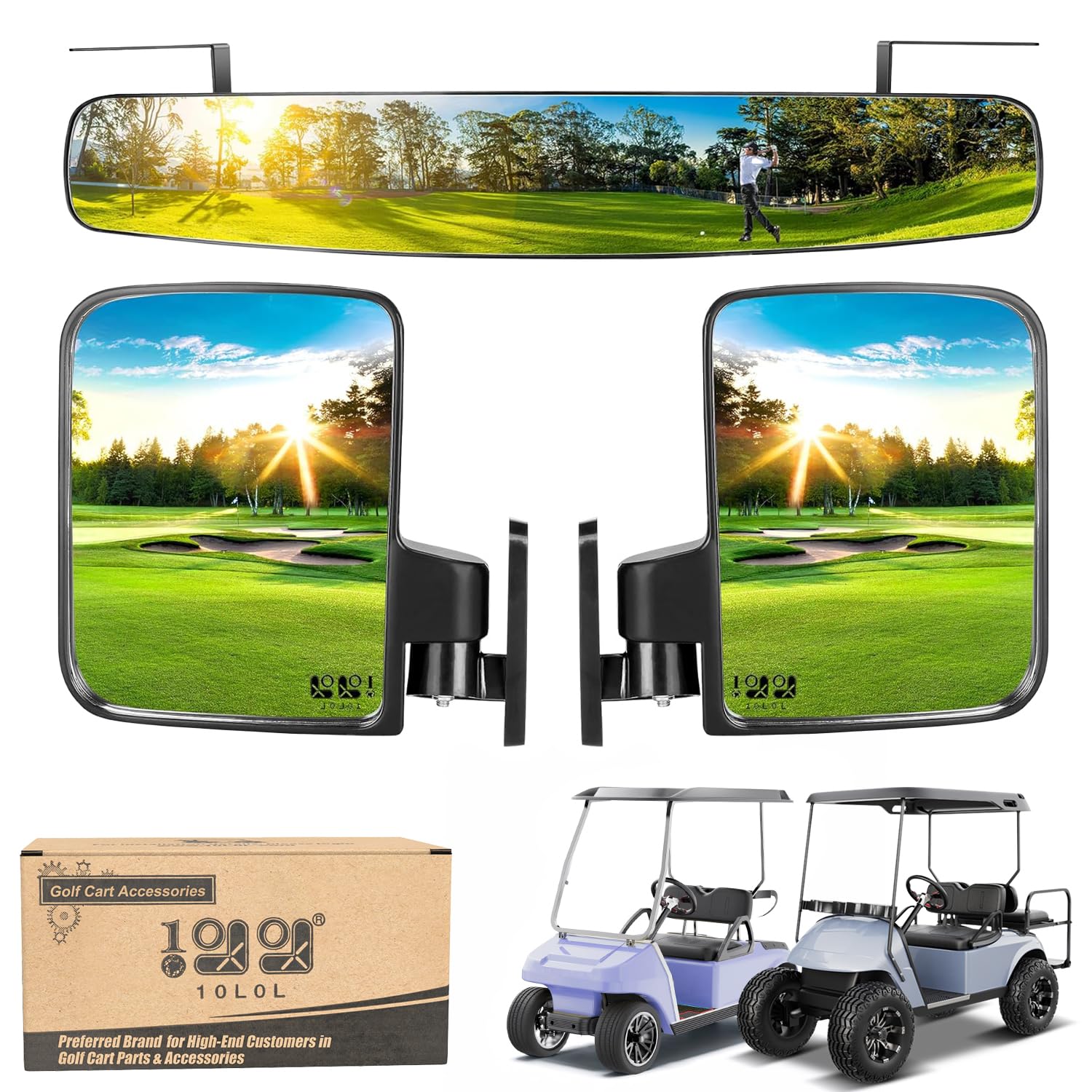 10L0L Golf Cart Folding Side Mirror and Panoramic Rear View Mirror Kit for Yamaha, EZGO, Club Car