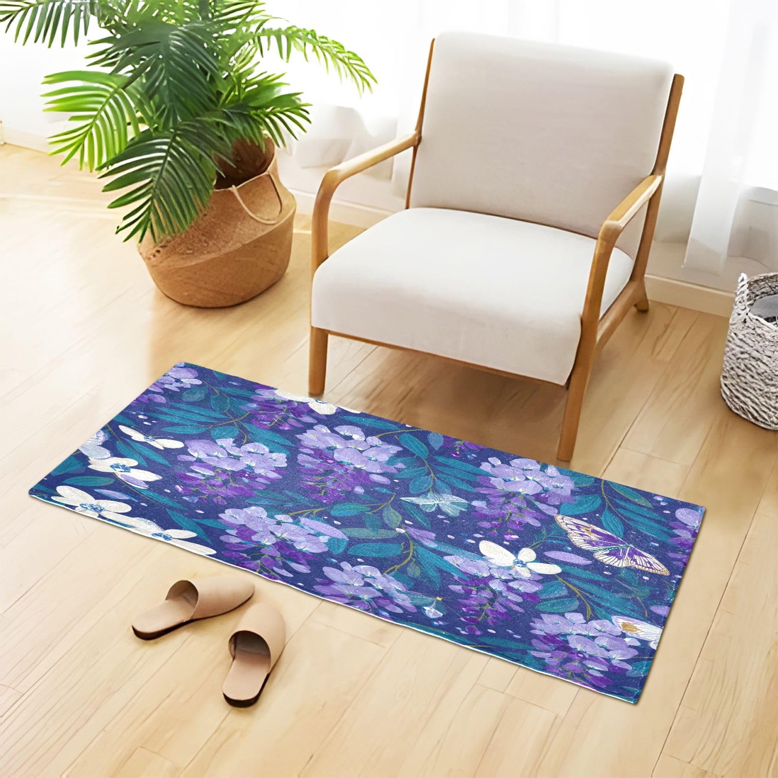 Blue Wisteria Flowers White Orchi Pattern Bath Mats for Bathroom, Kitchen Floor Mats Non-Slip Kitchen Mats Bath Rug Runner Doormats Carpet for Home Decor, 39x20 Inches