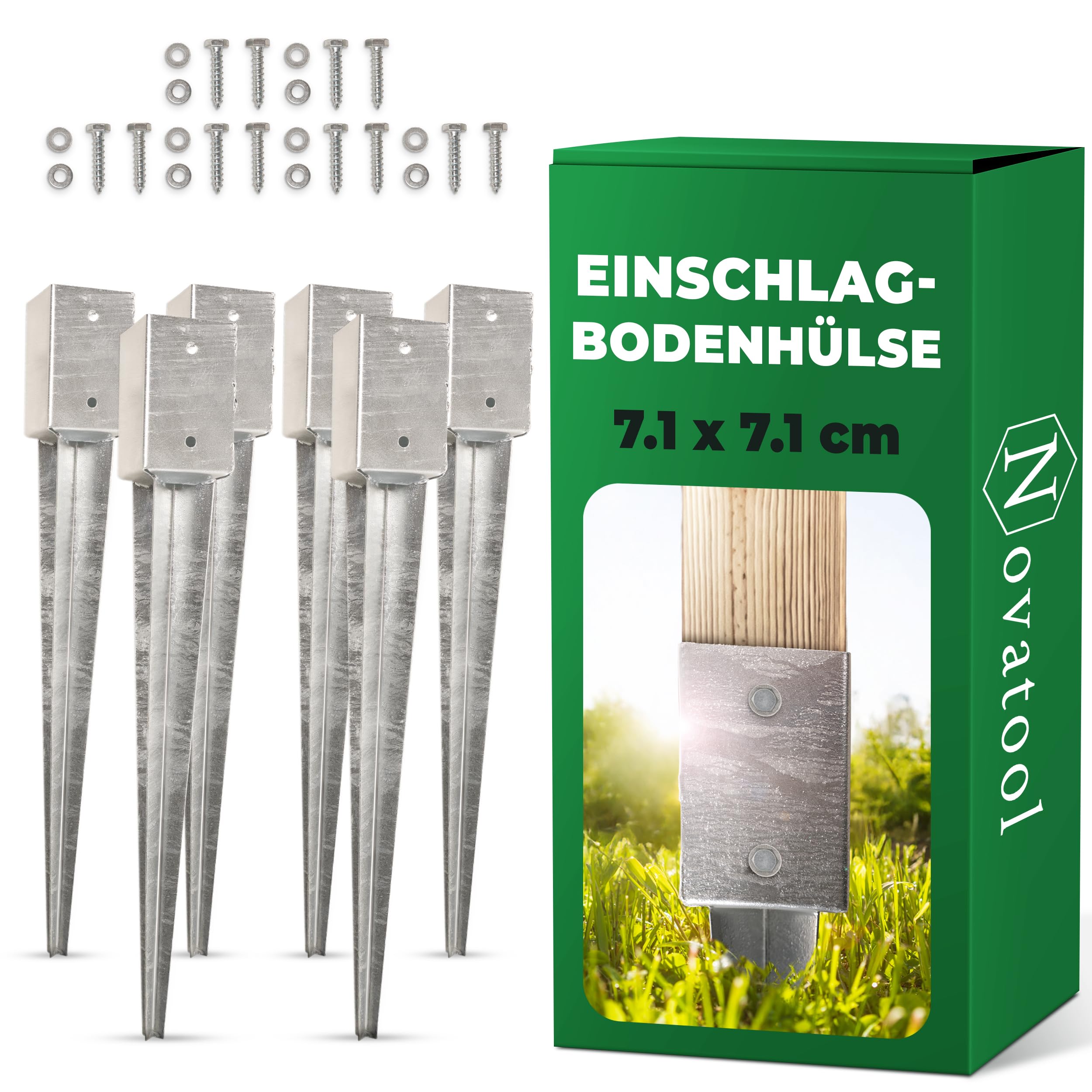 Novatool Lot de 6 douilles de sol à enfoncer 71 x 71 x 750 mm - Douille de sol - Support de poteau - Poteaux en bois - Douille à enfoncer - Piquet à enfoncer - Galvanisé - Avec vis