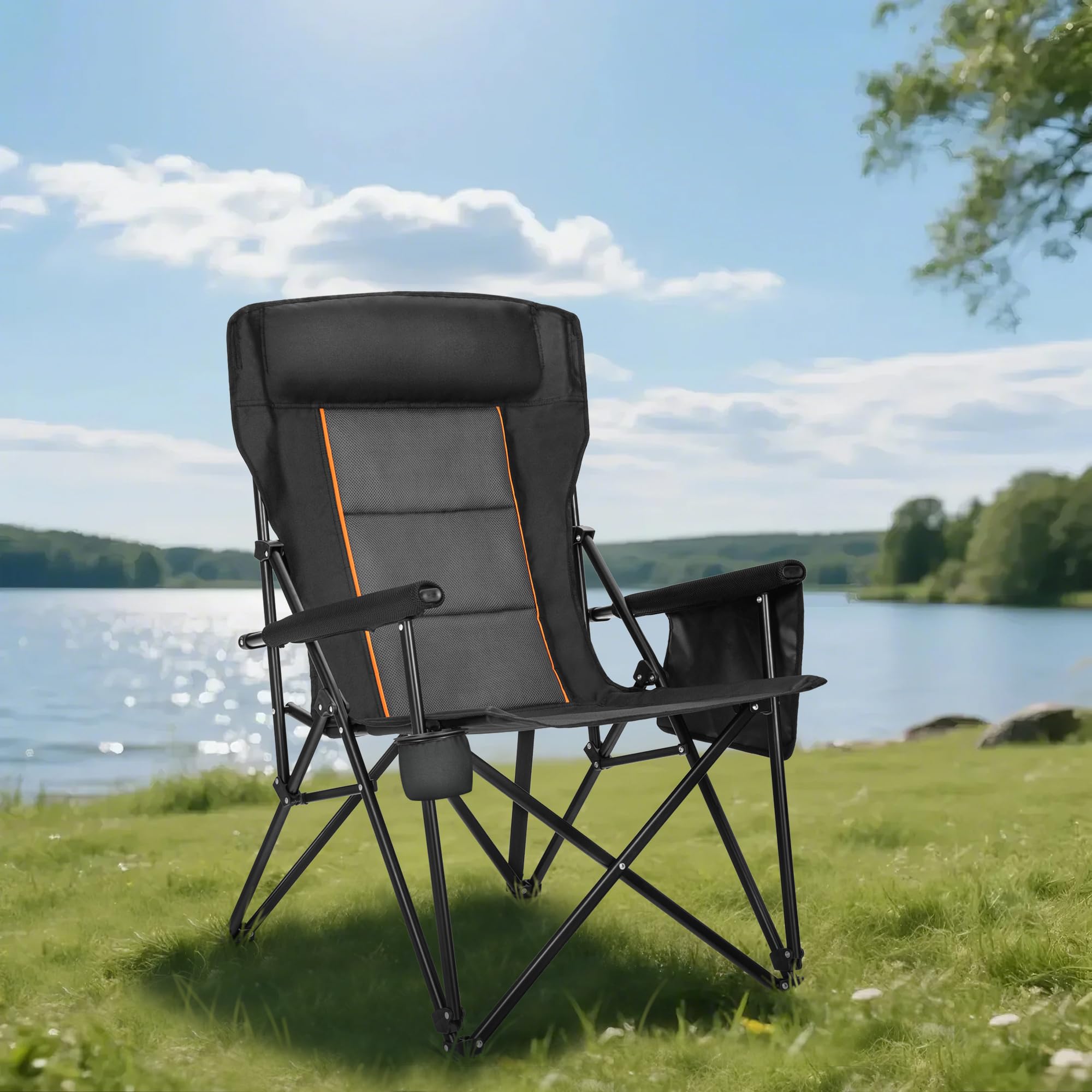 Condition photo showing New/Like New for high point sports oversized folding camping chairs for adults, high backrest heavy duty lawn chairs support 500 lbs portable collapsible camp chairs with cup holders,side pocket,grey