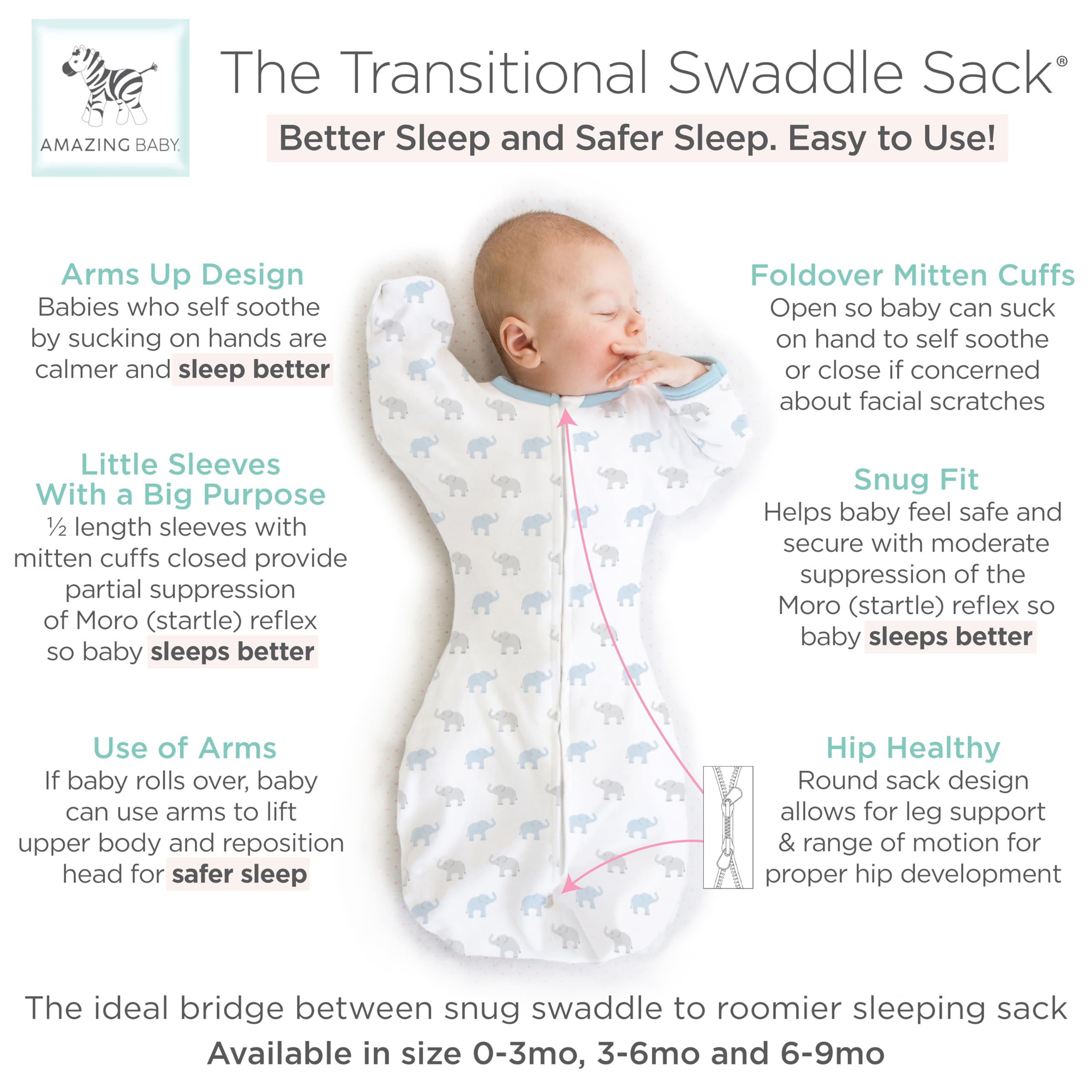 Amazing Baby Transitional Swaddle Sack, Baby Swaddles for Newborn with Arms Up Half-Length Sleeves & Mitten Cuffs - Image 2
