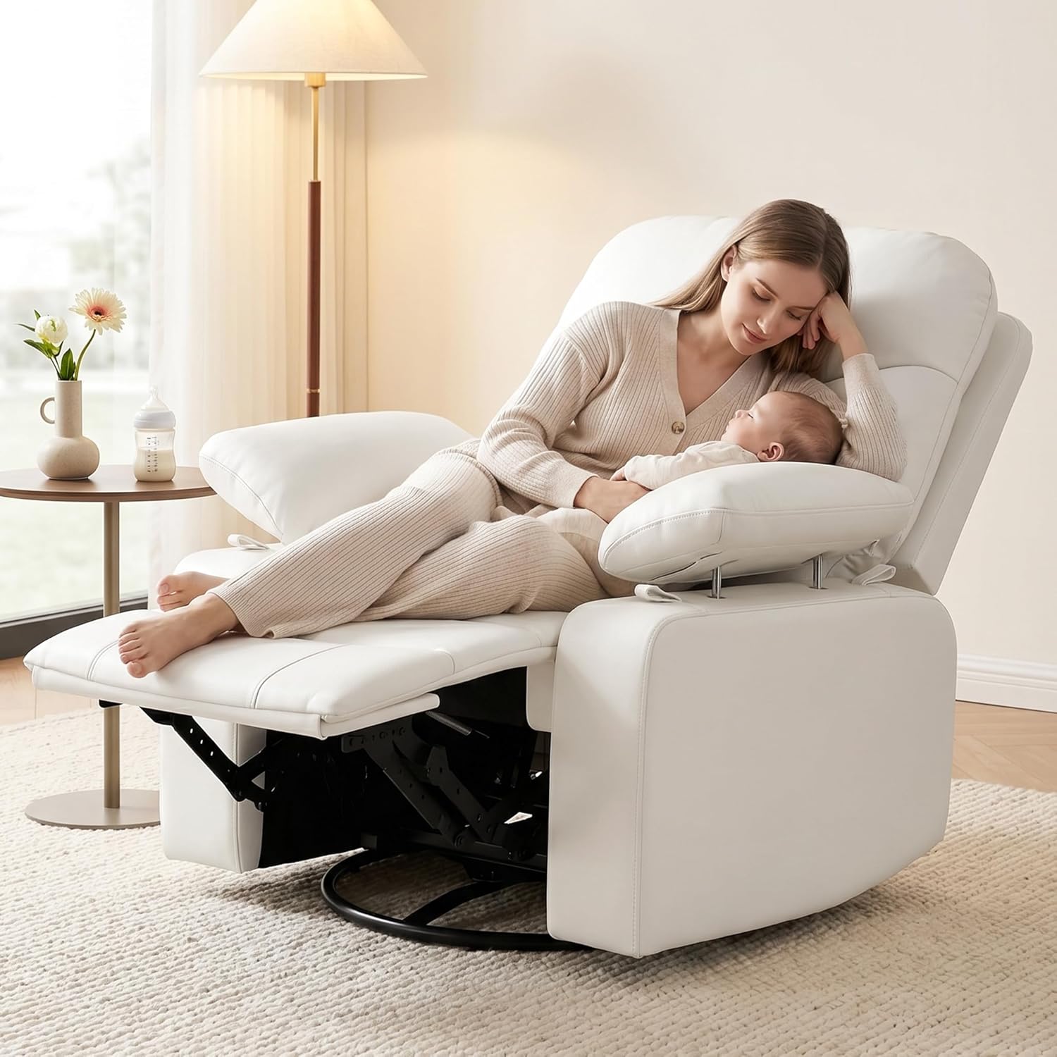 Nursery Glider Recliner with Adjustable Armrests, Oversized Comfortable Nursing Chair for Breastfeeding Moms, 360°Swivel, 90°-160° Recline, Quiet Rocking Chair Nursery for Living Room, White
