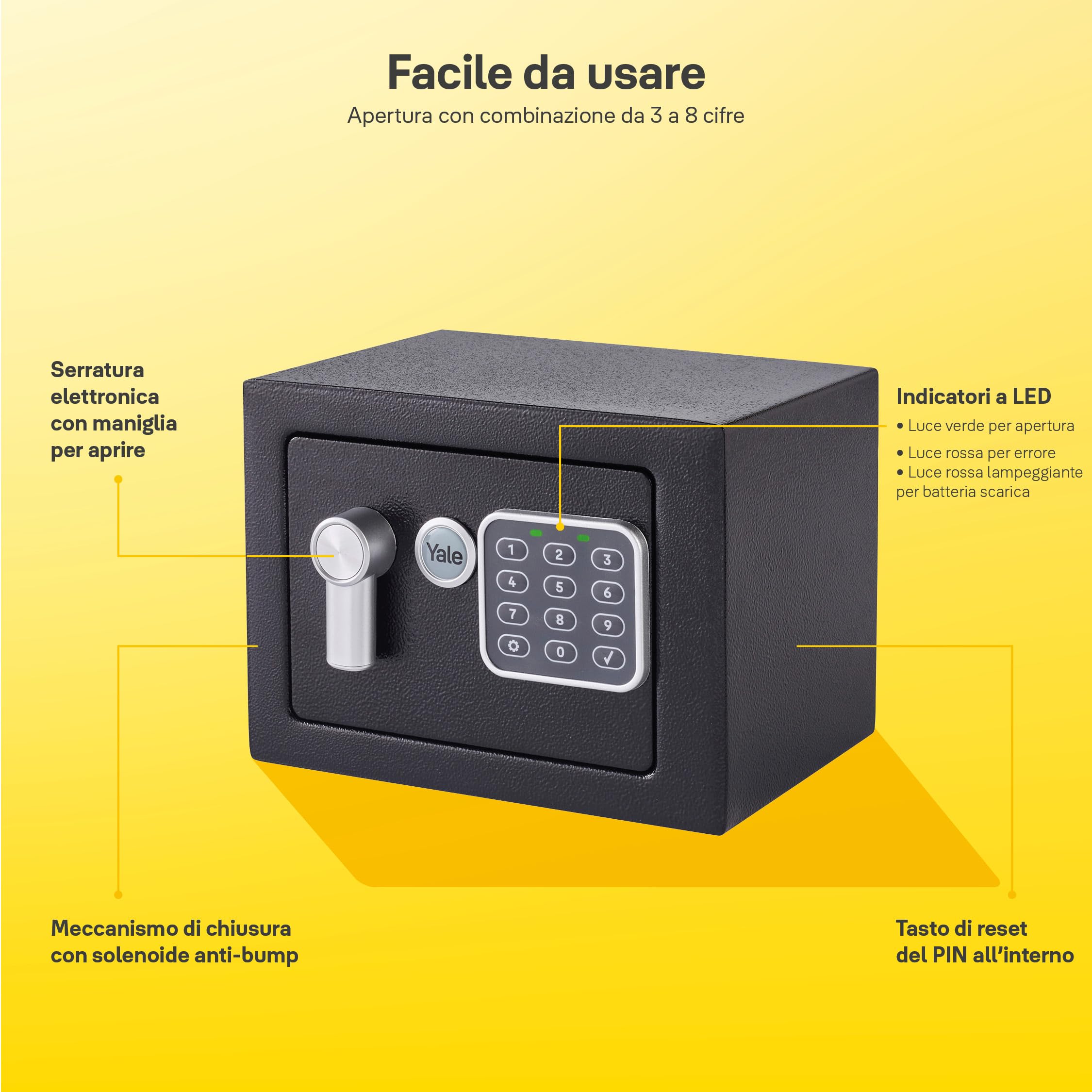 YALE Cassaforte XS YSV/170/DB2 Nero, con Tastiera Digitale, Indicatori di Luce a LED, Fissaggi a Parete e Pavimento, Capacità di 3.8 L, Dim Interne 170 x 230 x 170 mm, Mini, Versione Corrente