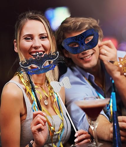 Miniatura 7 de SIQUK Máscaras de máscaras para parejas con palo, máscara veneciana de metal en un palo, máscara de disfraz de Halloween, máscara de Mardi Gras,